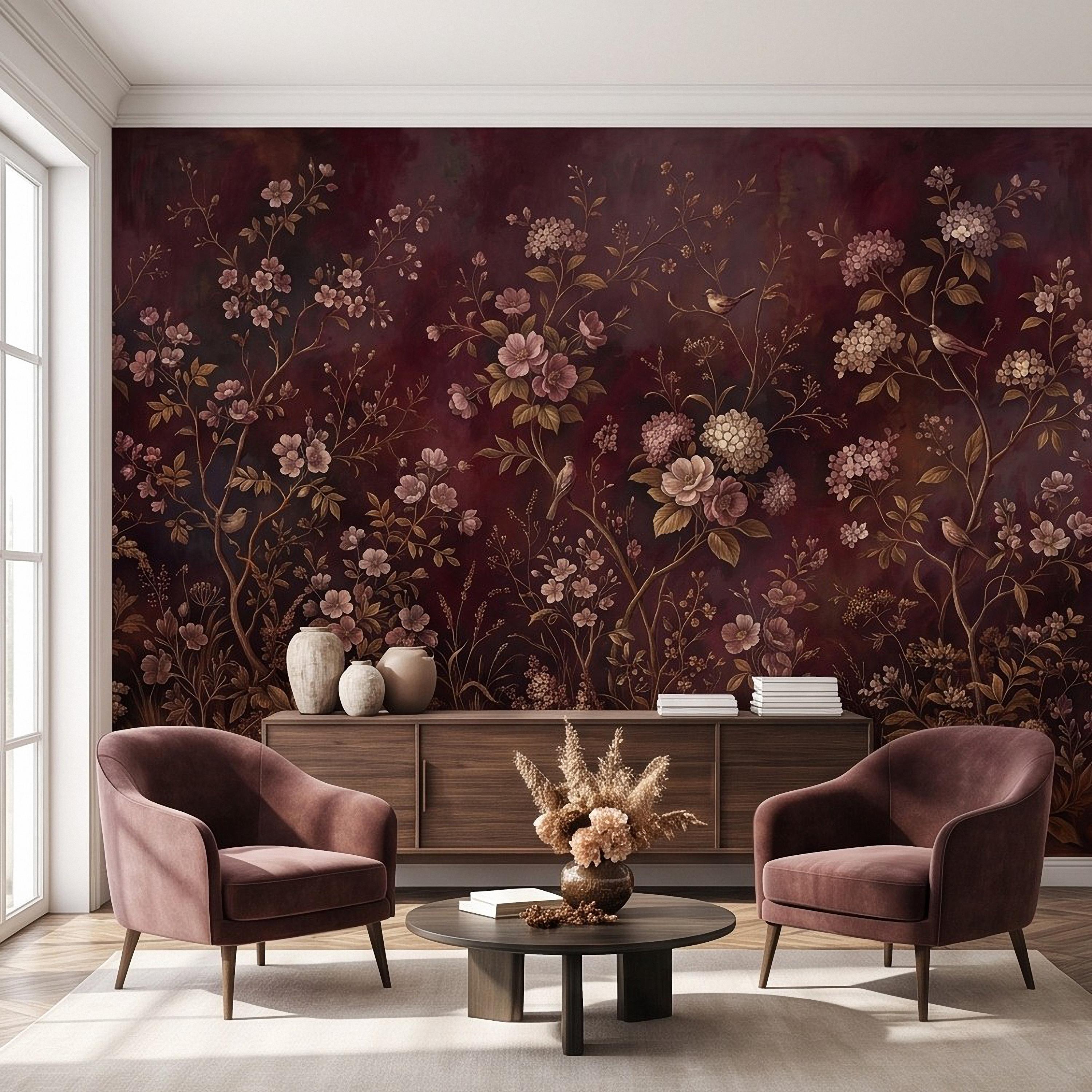 Burgundy Chinoiserie Peel and Stick Wall Mural, Floral Branches Birds Dark Botanical Garden Vintage Romantic Old World Painting Wallpaper