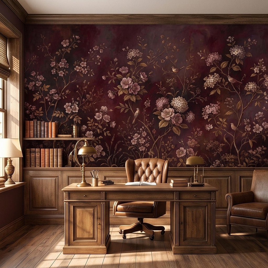 Burgundy Chinoiserie Peel and Stick Wall Mural, Floral Branches Birds Dark Botanical Garden Vintage Romantic Old World Painting Wallpaper