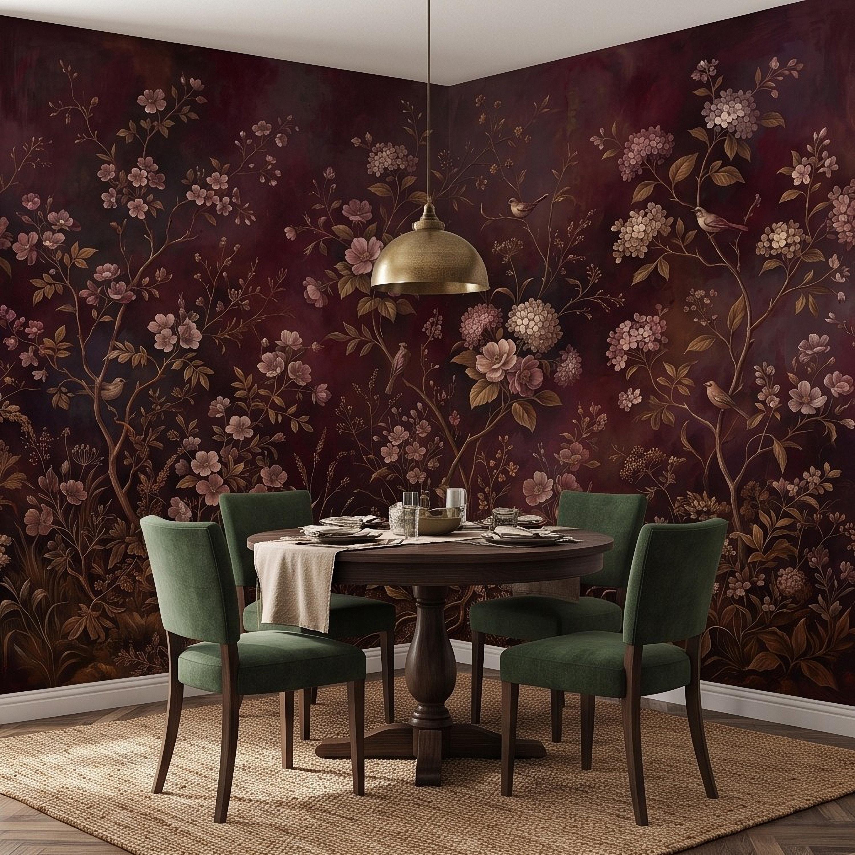 Burgundy Chinoiserie Peel and Stick Wall Mural, Floral Branches Birds Dark Botanical Garden Vintage Romantic Old World Painting Wallpaper