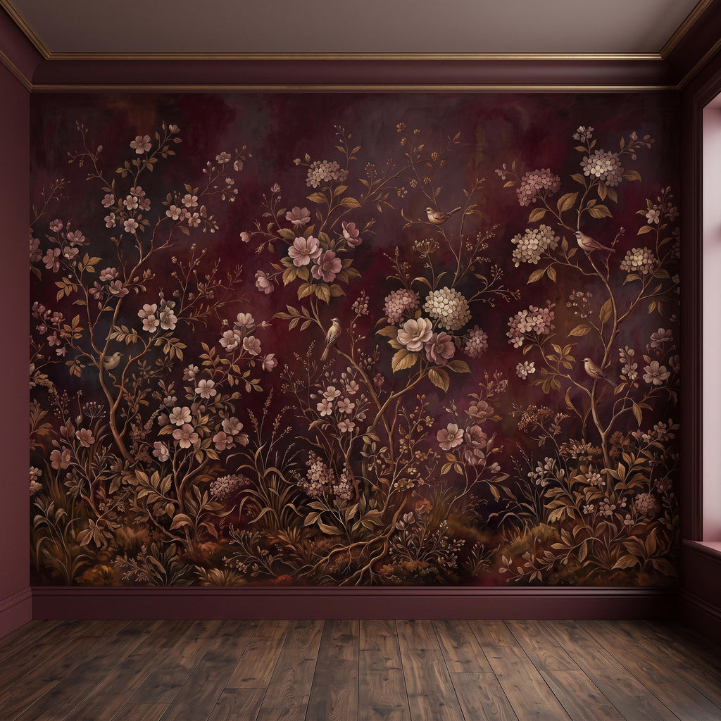 Burgundy Chinoiserie Peel and Stick Wall Mural, Floral Branches Birds Dark Botanical Garden Vintage Romantic Old World Painting Wallpaper