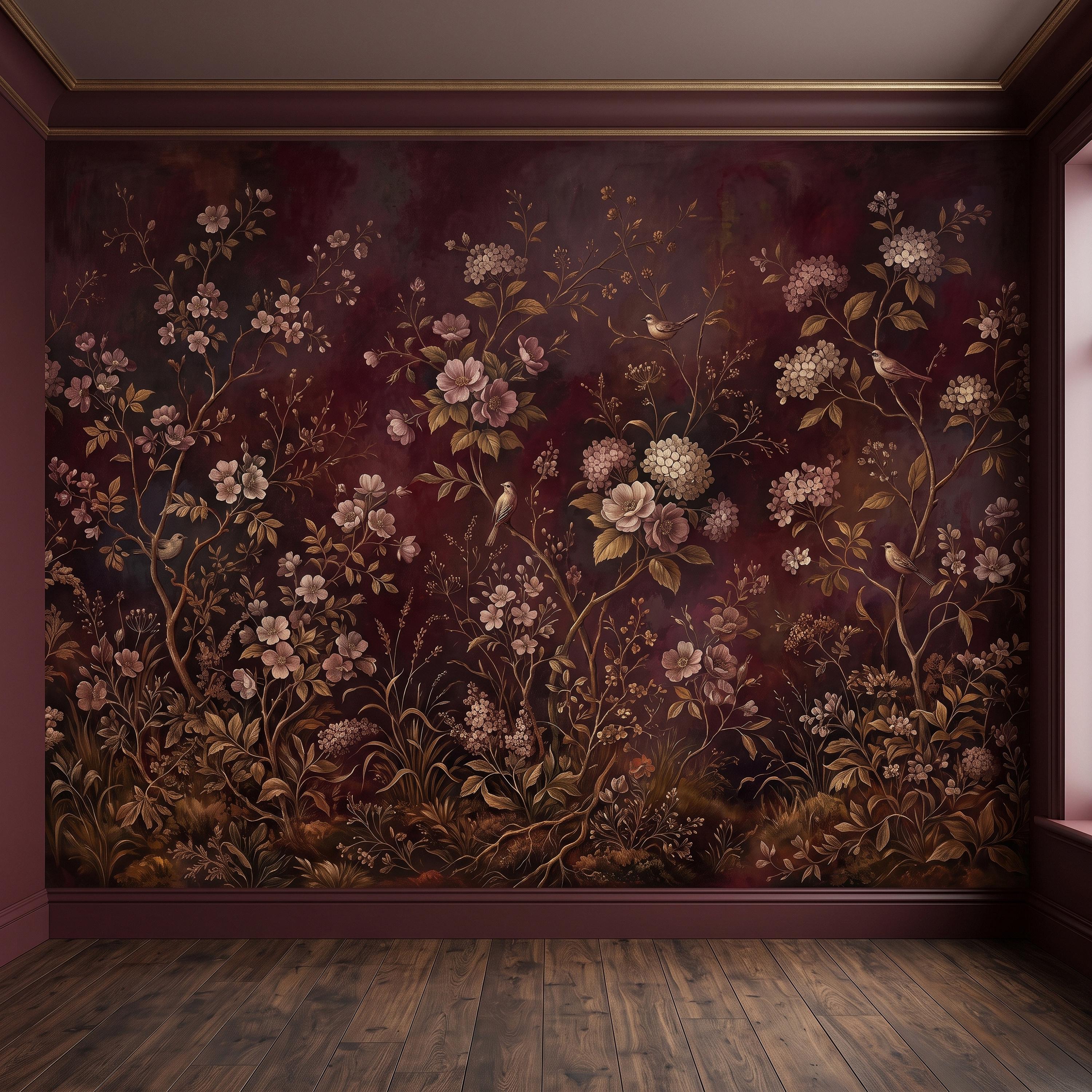 Burgundy Chinoiserie Peel and Stick Wall Mural, Floral Branches Birds Dark Botanical Garden Vintage Romantic Old World Painting Wallpaper