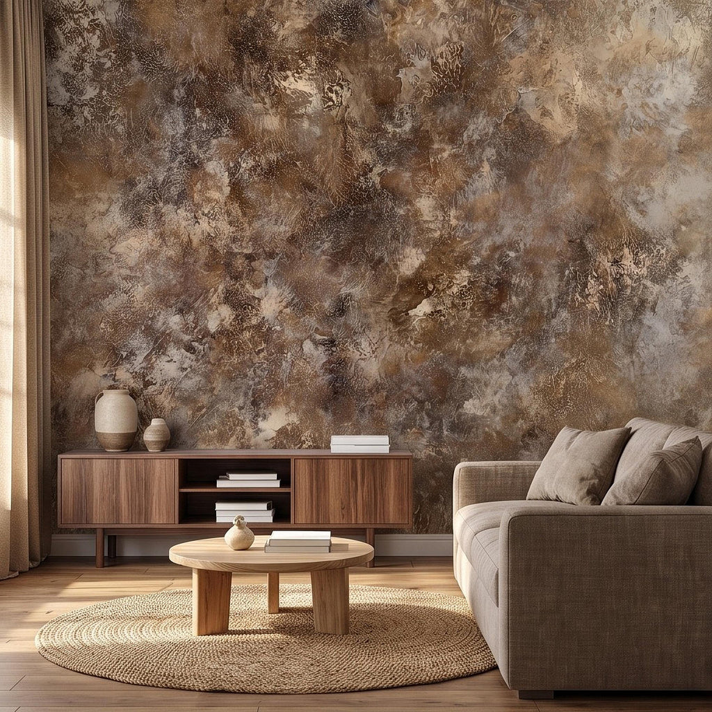 Abstract Plaster Texture Peel and Stick Wall Mural, Distressed Brown Beige Patina Weathered Concrete Effect Rustic Vintage Art Wallpaper
