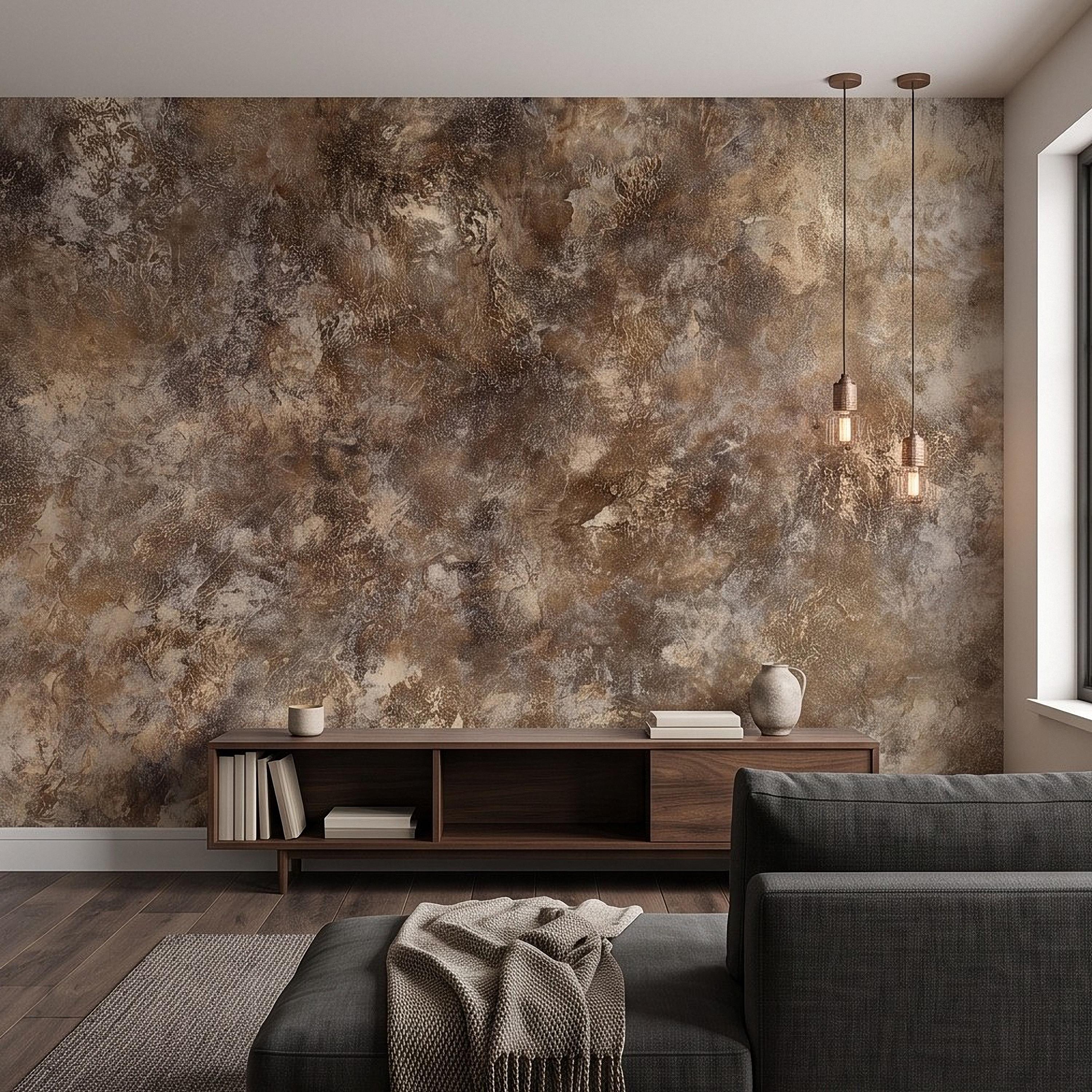 Abstract Plaster Texture Peel and Stick Wall Mural, Distressed Brown Beige Patina Weathered Concrete Effect Rustic Vintage Art Wallpaper