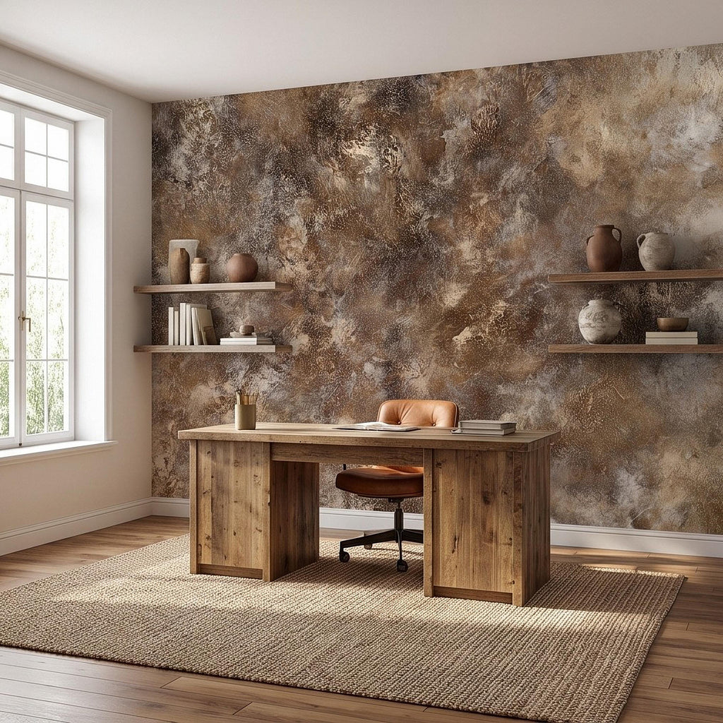 Abstract Plaster Texture Peel and Stick Wall Mural, Distressed Brown Beige Patina Weathered Concrete Effect Rustic Vintage Art Wallpaper