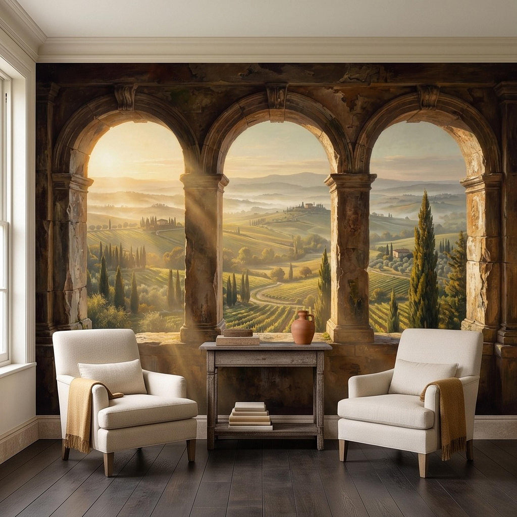 Tuscan Valley Peel and Stick Wall Mural, Italian Vineyard Stone Arches Cypress Trees Golden Sunrise Vintage Scenic Painting Wallpaper