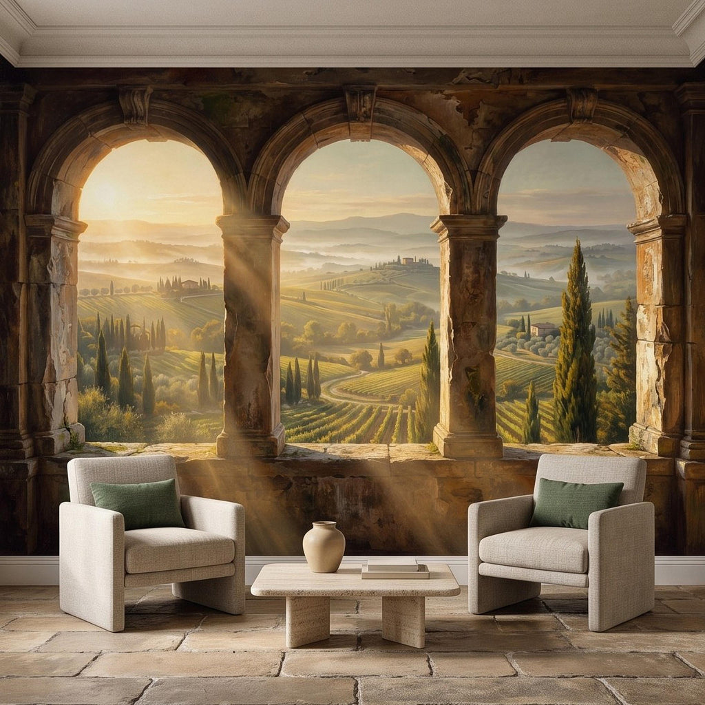 Tuscan Valley Peel and Stick Wall Mural, Italian Vineyard Stone Arches Cypress Trees Golden Sunrise Vintage Scenic Painting Wallpaper