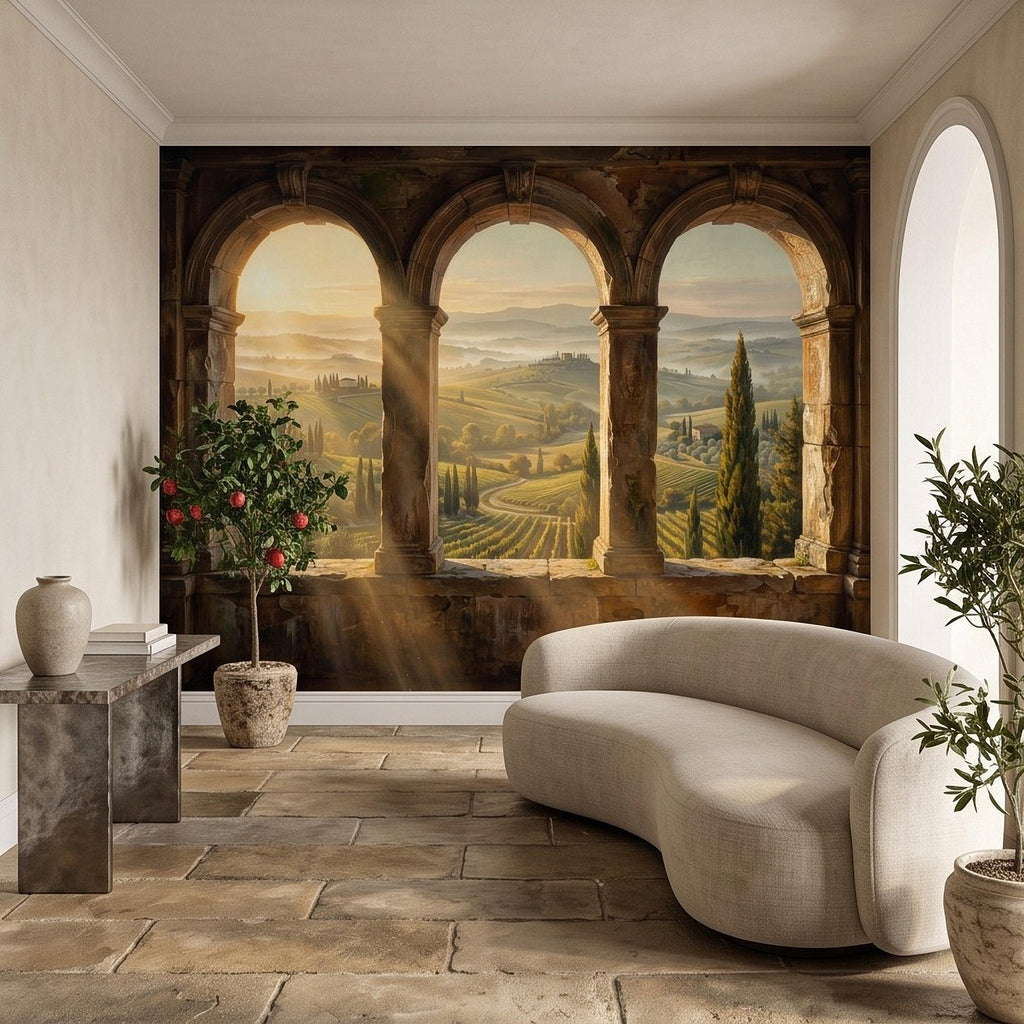 Tuscan Valley Peel and Stick Wall Mural, Italian Vineyard Stone Arches Cypress Trees Golden Sunrise Vintage Scenic Painting Wallpaper