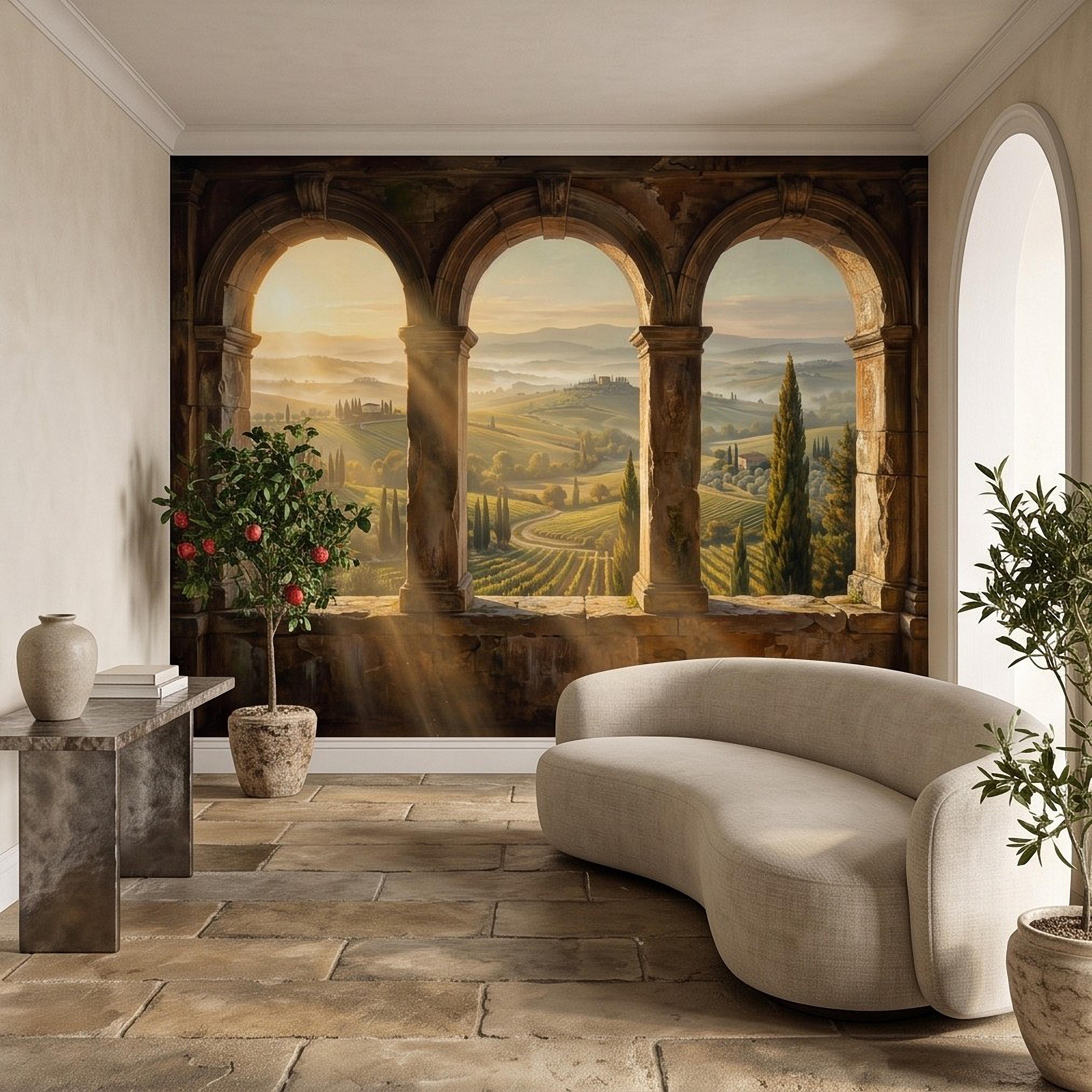 Tuscan Valley Peel and Stick Wall Mural, Italian Vineyard Stone Arches Cypress Trees Golden Sunrise Vintage Scenic Painting Wallpaper