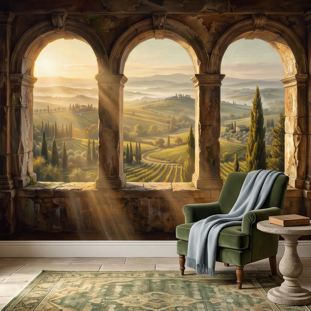 Tuscan Valley Peel and Stick Wall Mural, Italian Vineyard Stone Arches Cypress Trees Golden Sunrise Vintage Scenic Painting Wallpaper