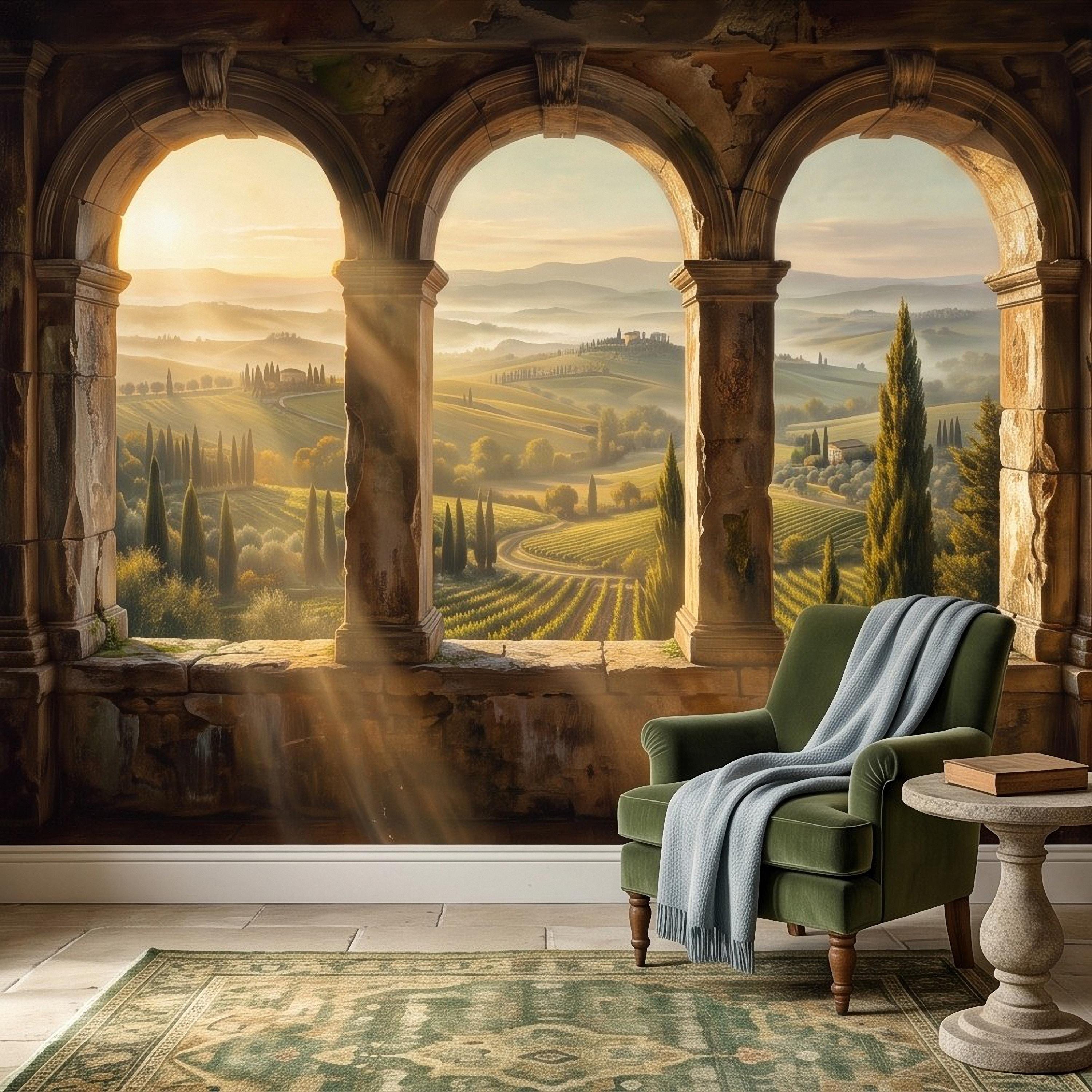 Tuscan Valley Peel and Stick Wall Mural, Italian Vineyard Stone Arches Cypress Trees Golden Sunrise Vintage Scenic Painting Wallpaper