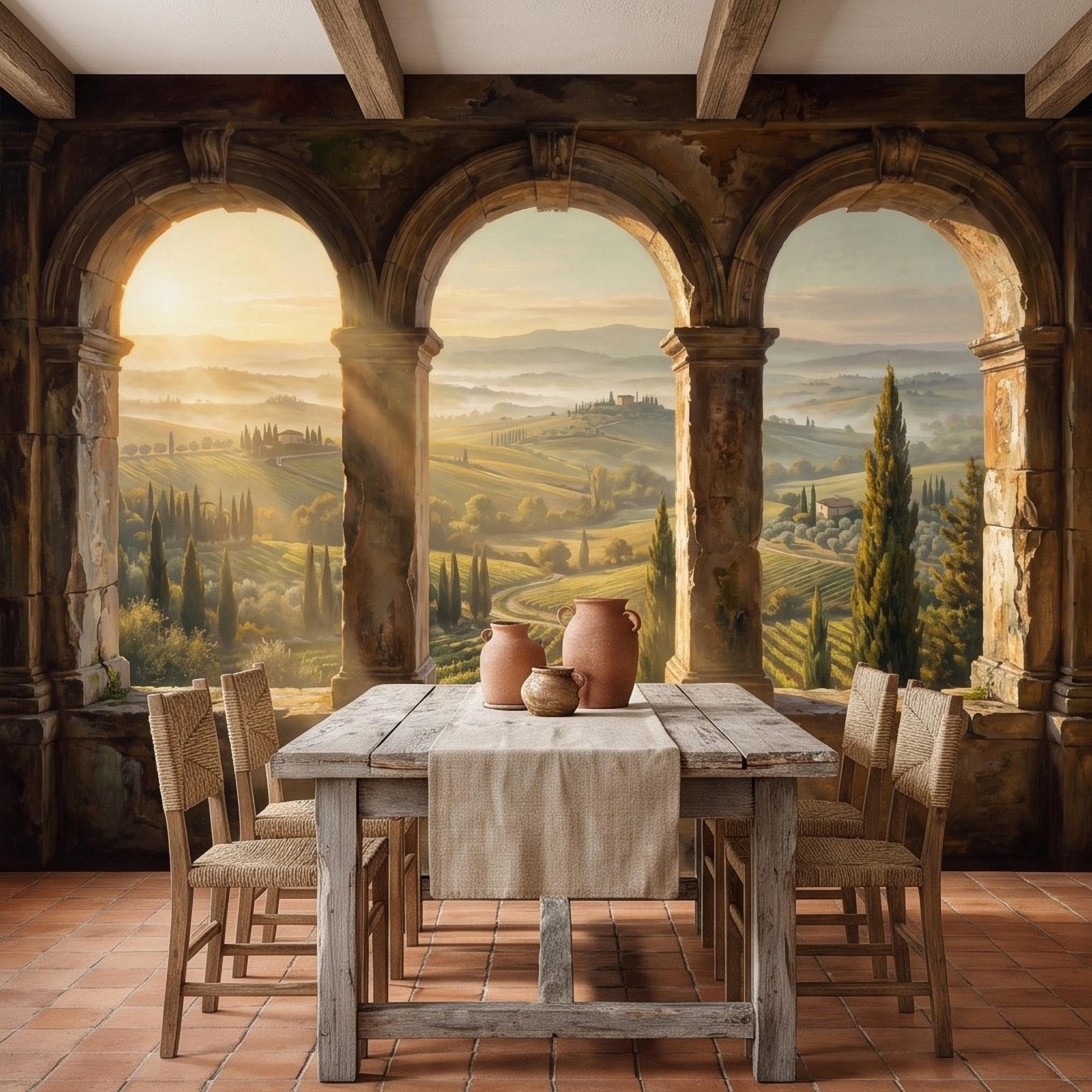 Tuscan Valley Peel and Stick Wall Mural, Italian Vineyard Stone Arches Cypress Trees Golden Sunrise Vintage Scenic Painting Wallpaper