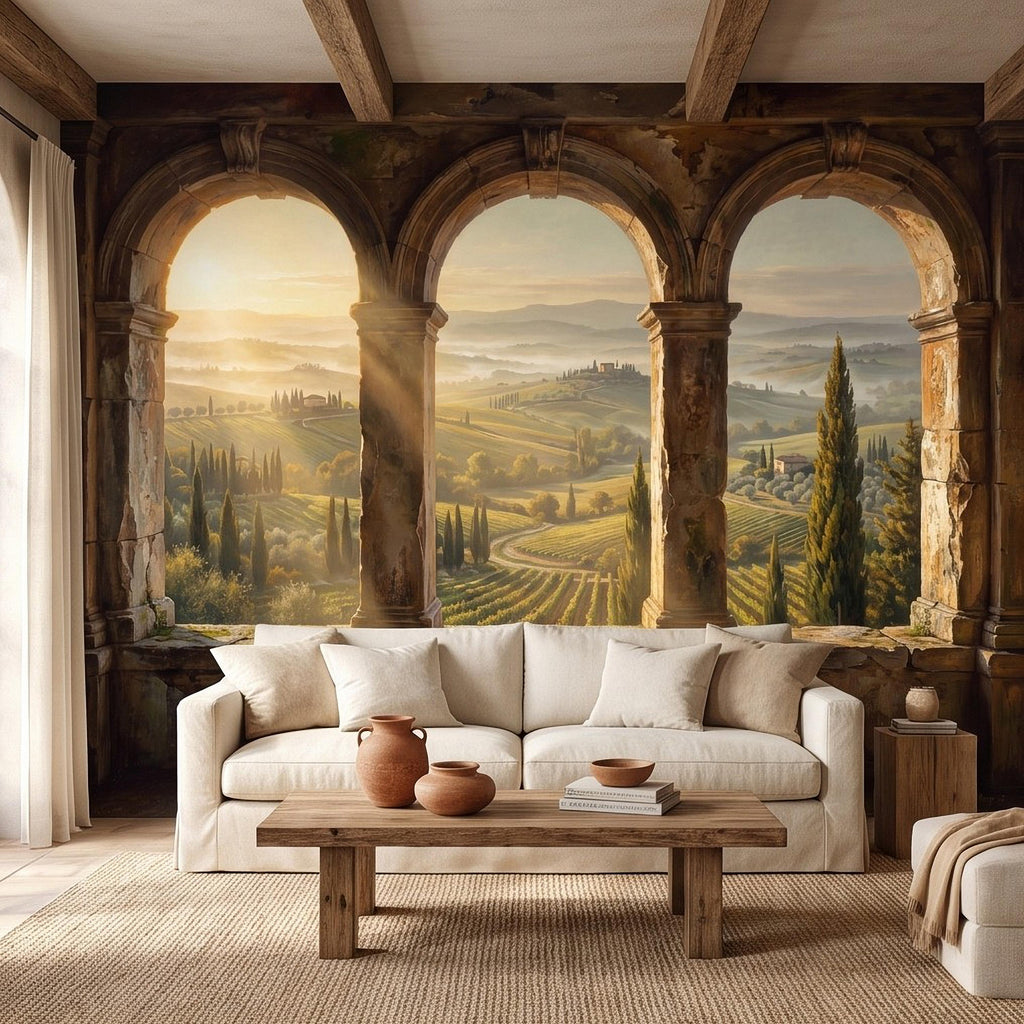 Tuscan Valley Peel and Stick Wall Mural, Italian Vineyard Stone Arches Cypress Trees Golden Sunrise Vintage Scenic Painting Wallpaper