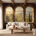 Tuscan Valley Peel and Stick Wall Mural, Italian Vineyard Stone Arches Cypress Trees Golden Sunrise Vintage Scenic Painting Wallpaper