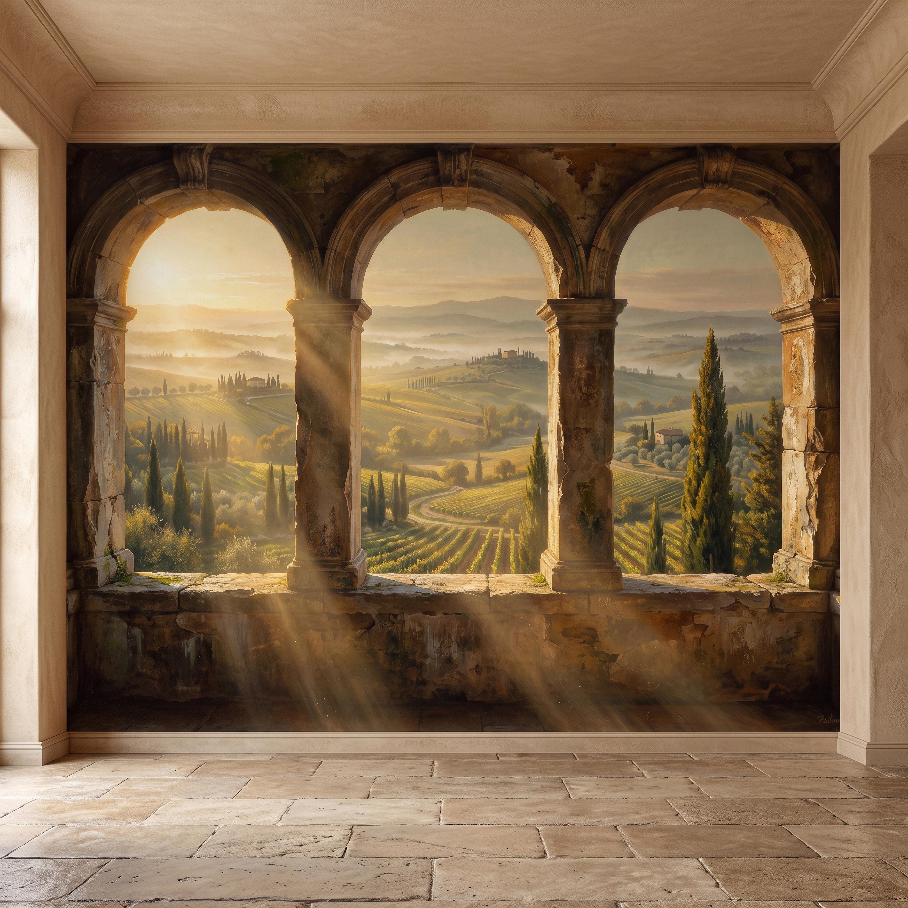 Tuscan Valley Peel and Stick Wall Mural, Italian Vineyard Stone Arches Cypress Trees Golden Sunrise Vintage Scenic Painting Wallpaper