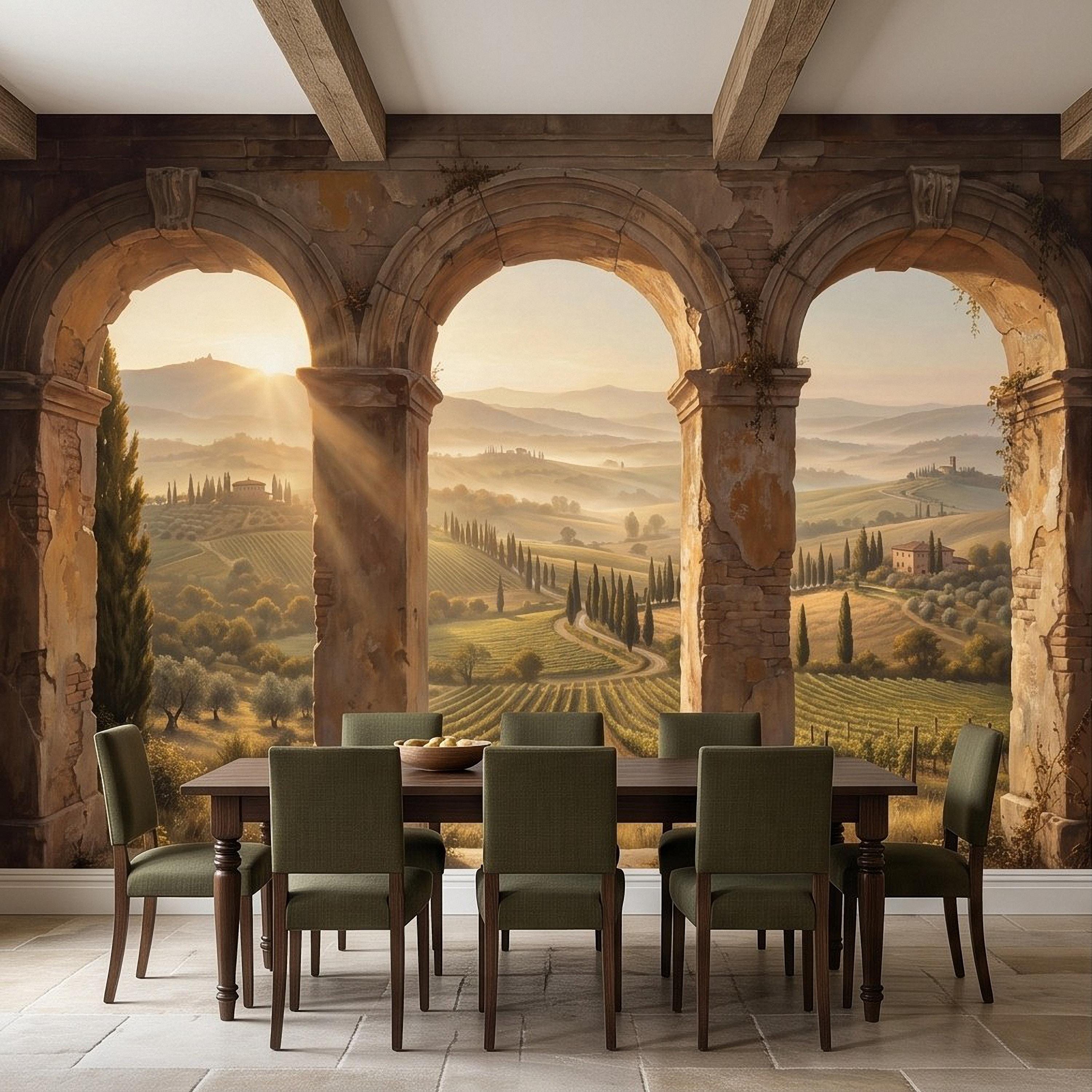 Tuscan Vineyard Peel and Stick Wall Mural, Italian Countryside Stone Arches Cypress Trees Golden Sunrise Scenic Vintage Painting Wallpaper