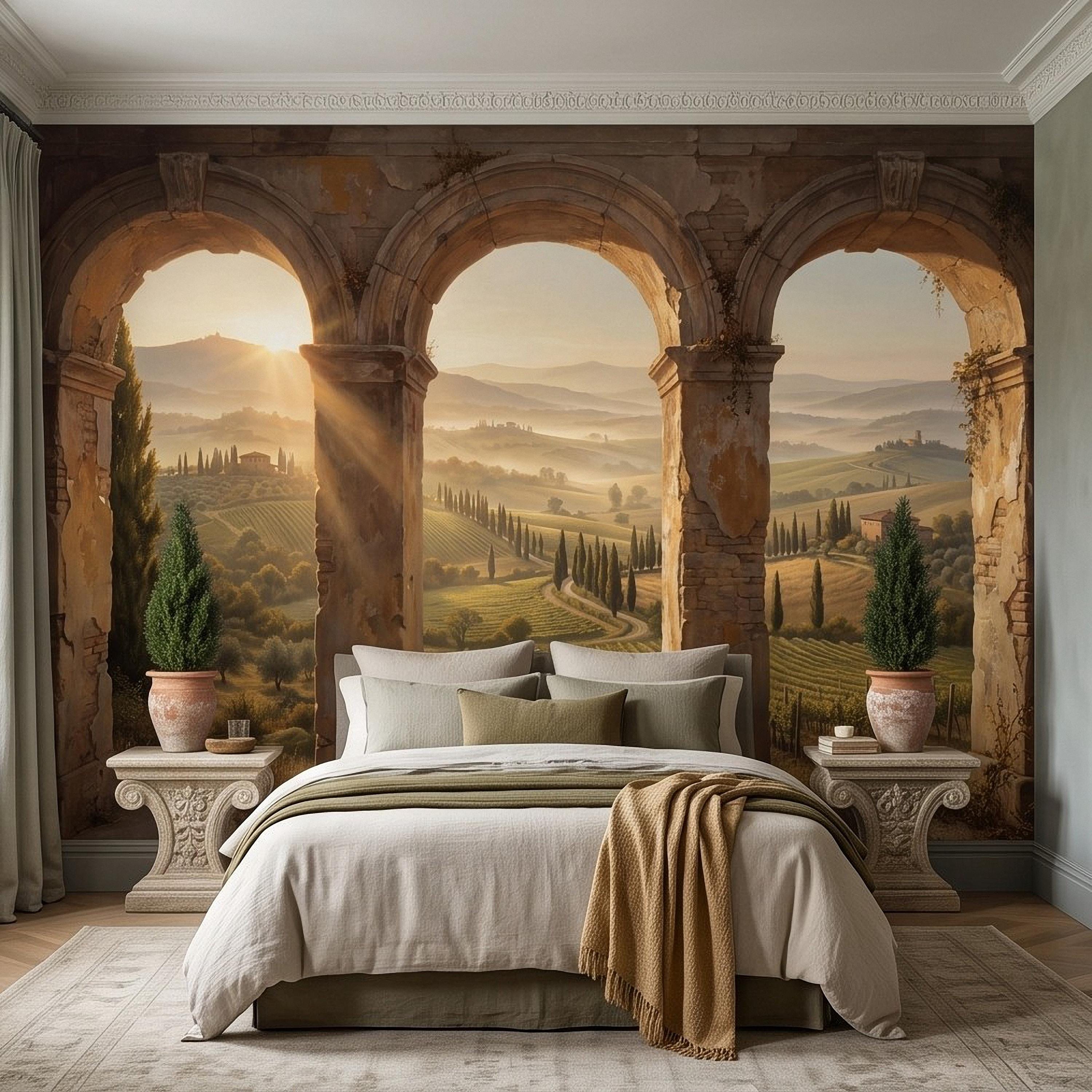 Tuscan Vineyard Peel and Stick Wall Mural, Italian Countryside Stone Arches Cypress Trees Golden Sunrise Scenic Vintage Painting Wallpaper