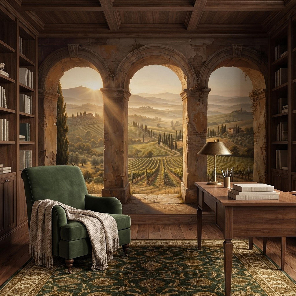 Tuscan Vineyard Peel and Stick Wall Mural, Italian Countryside Stone Arches Cypress Trees Golden Sunrise Scenic Vintage Painting Wallpaper