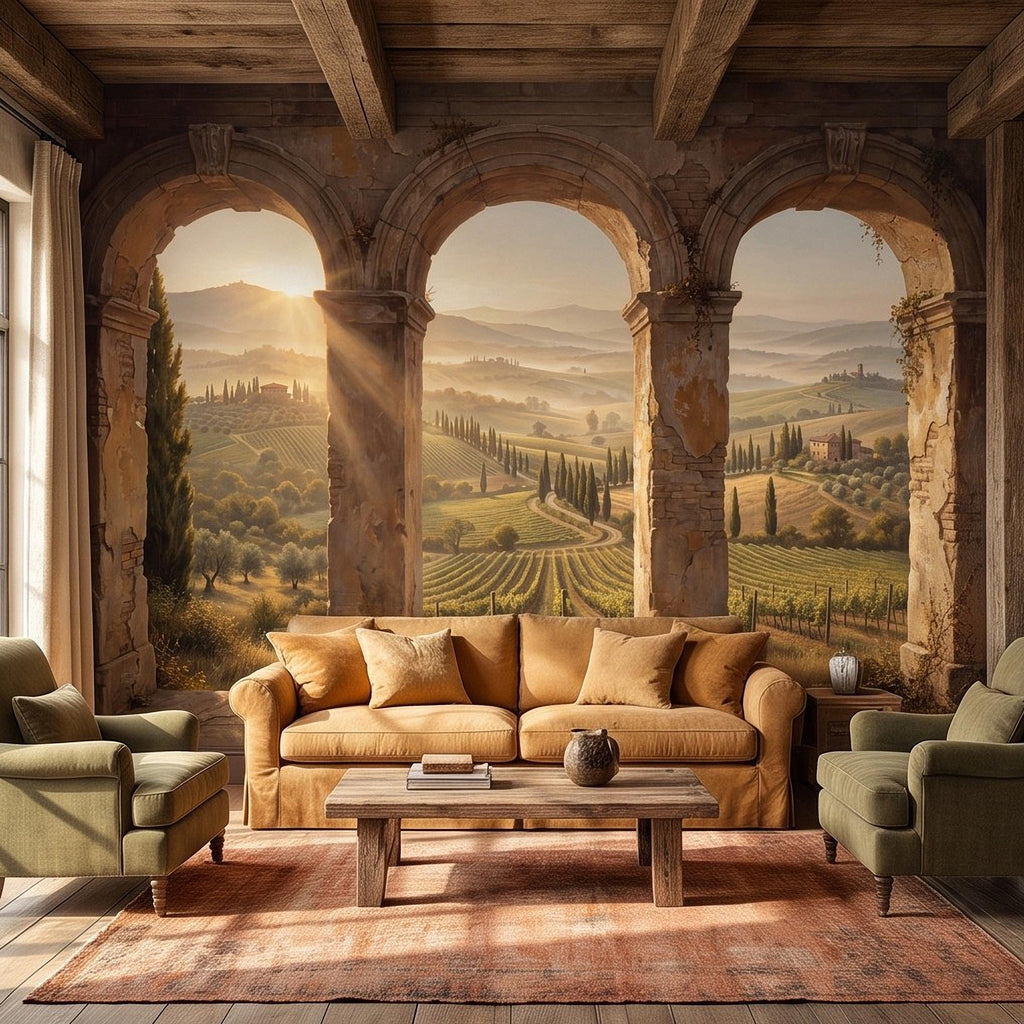 Tuscan Vineyard Peel and Stick Wall Mural, Italian Countryside Stone Arches Cypress Trees Golden Sunrise Scenic Vintage Painting Wallpaper