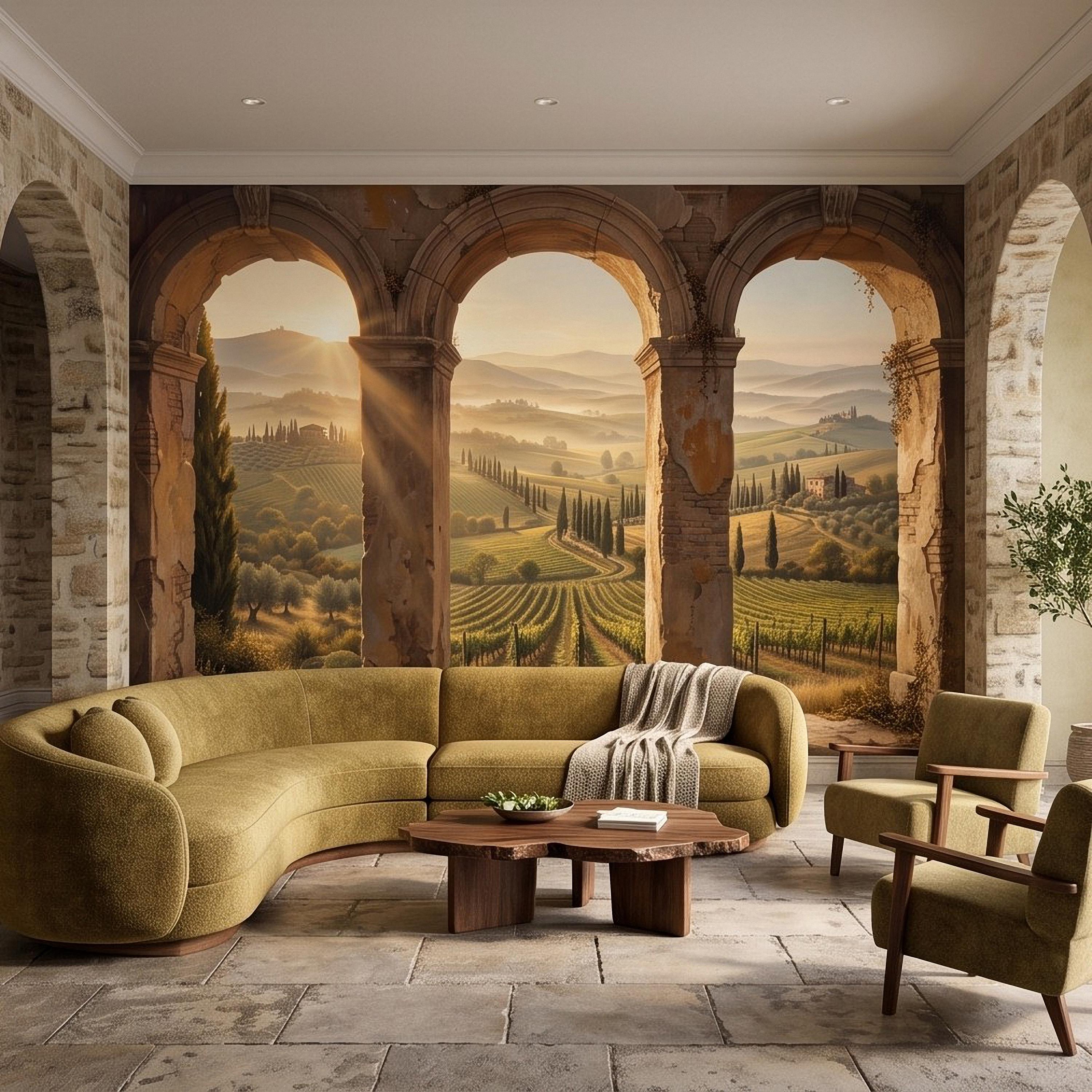 Tuscan Vineyard Peel and Stick Wall Mural, Italian Countryside Stone Arches Cypress Trees Golden Sunrise Scenic Vintage Painting Wallpaper