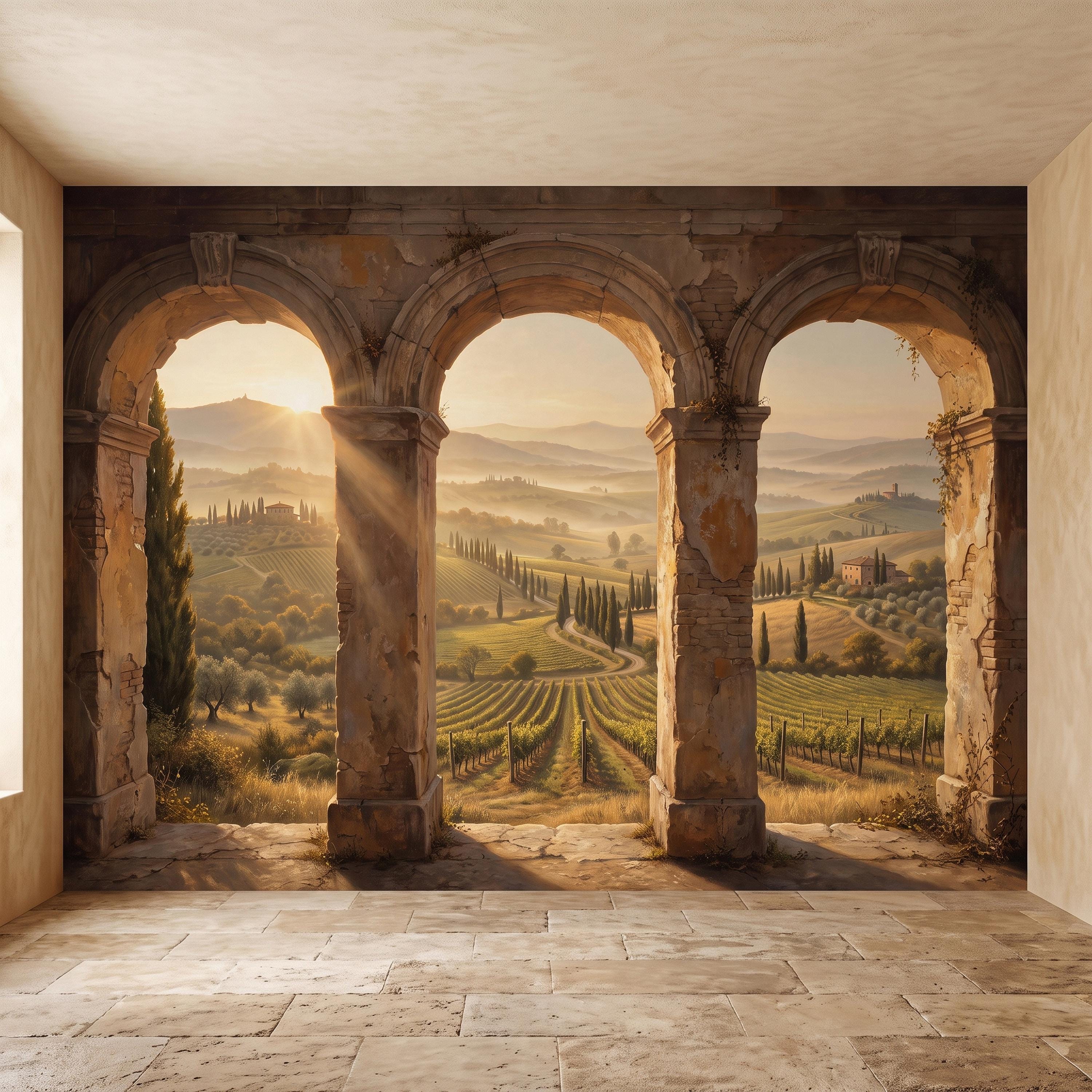 Tuscan Vineyard Peel and Stick Wall Mural, Italian Countryside Stone Arches Cypress Trees Golden Sunrise Scenic Vintage Painting Wallpaper