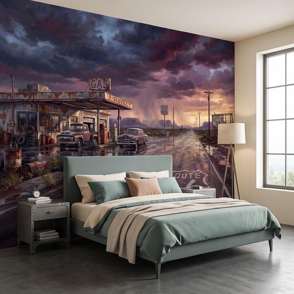 Vintage Route 66 Gas Station Peel and Stick Wall Mural, American Highway Desert Landscape Retro Cars Southwest Rustic Western Wallpaper