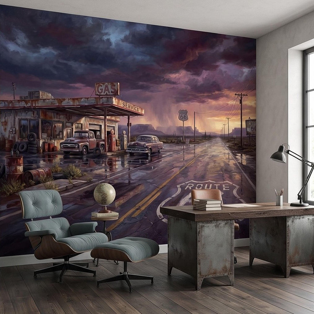 Vintage Route 66 Gas Station Peel and Stick Wall Mural, American Highway Desert Landscape Retro Cars Southwest Rustic Western Wallpaper