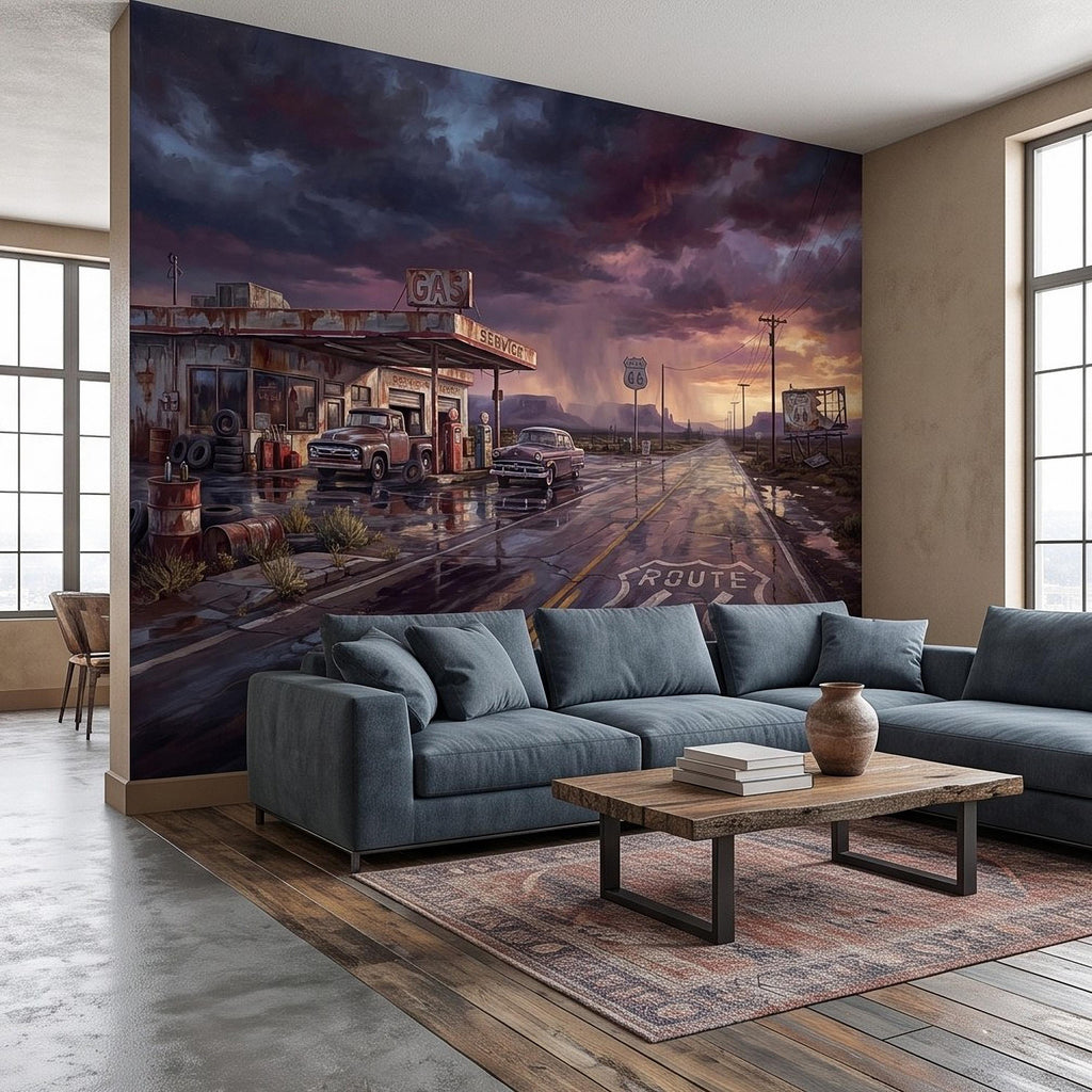 Vintage Route 66 Gas Station Peel and Stick Wall Mural, American Highway Desert Landscape Retro Cars Southwest Rustic Western Wallpaper