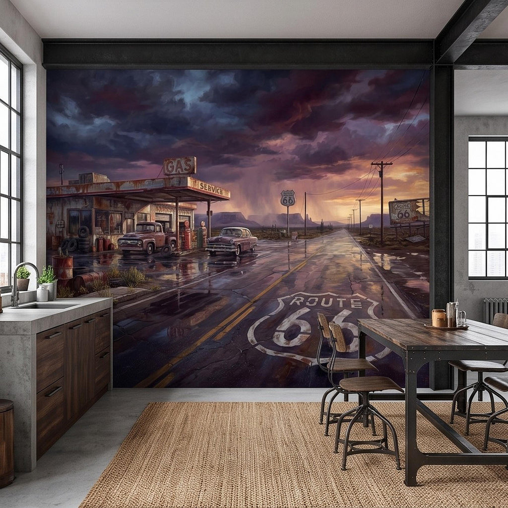 Vintage Route 66 Gas Station Peel and Stick Wall Mural, American Highway Desert Landscape Retro Cars Southwest Rustic Western Wallpaper