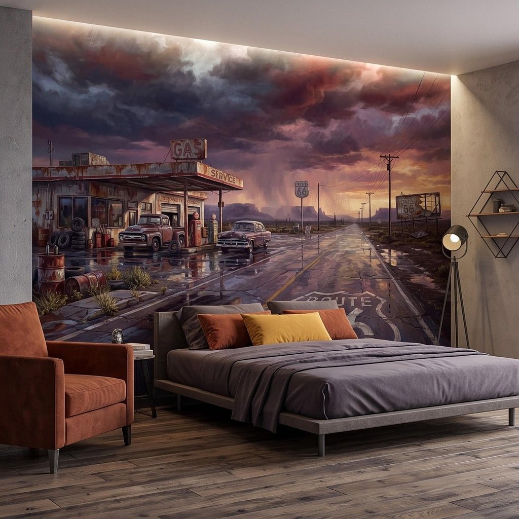 Vintage Route 66 Gas Station Peel and Stick Wall Mural, American Highway Desert Landscape Retro Cars Southwest Rustic Western Wallpaper