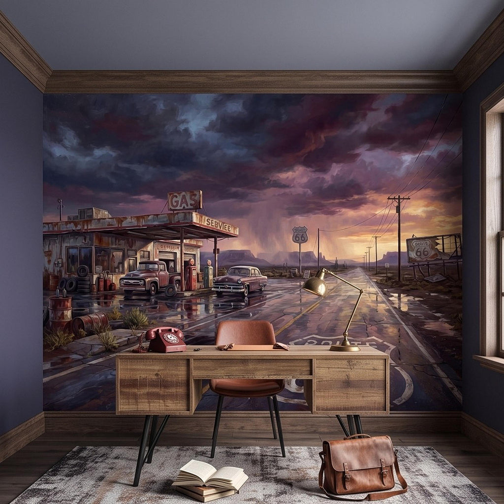 Vintage Route 66 Gas Station Peel and Stick Wall Mural, American Highway Desert Landscape Retro Cars Southwest Rustic Western Wallpaper