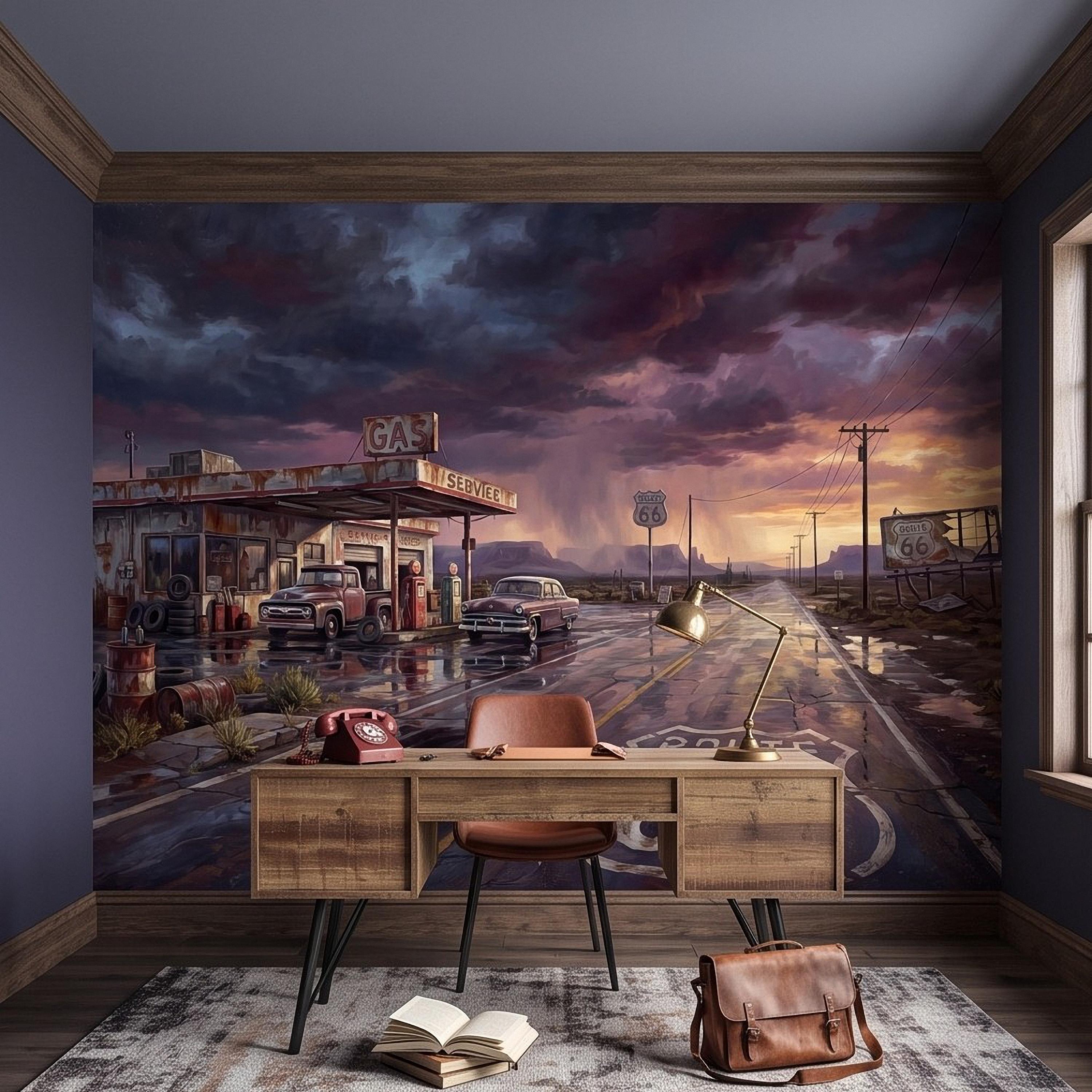 Vintage Route 66 Gas Station Peel and Stick Wall Mural, American Highway Desert Landscape Retro Cars Southwest Rustic Western Wallpaper