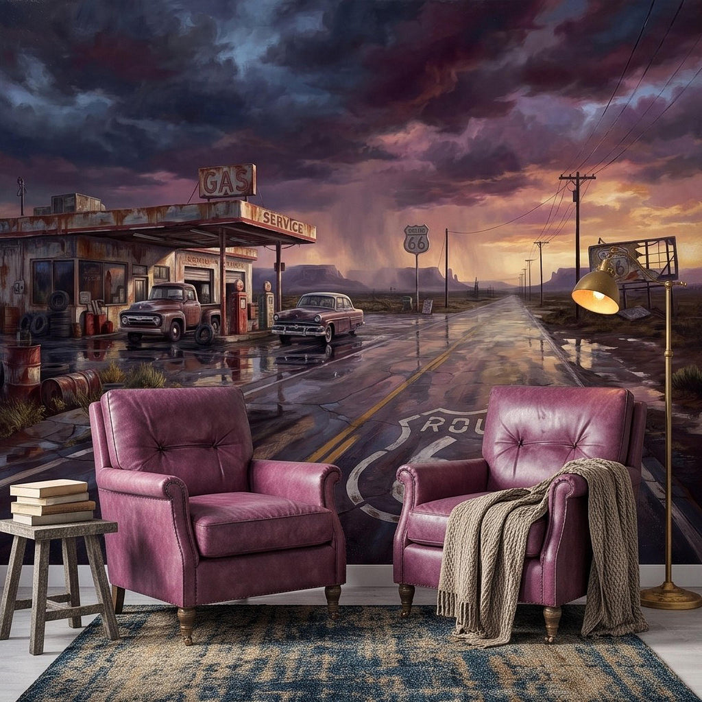 Vintage Route 66 Gas Station Peel and Stick Wall Mural, American Highway Desert Landscape Retro Cars Southwest Rustic Western Wallpaper