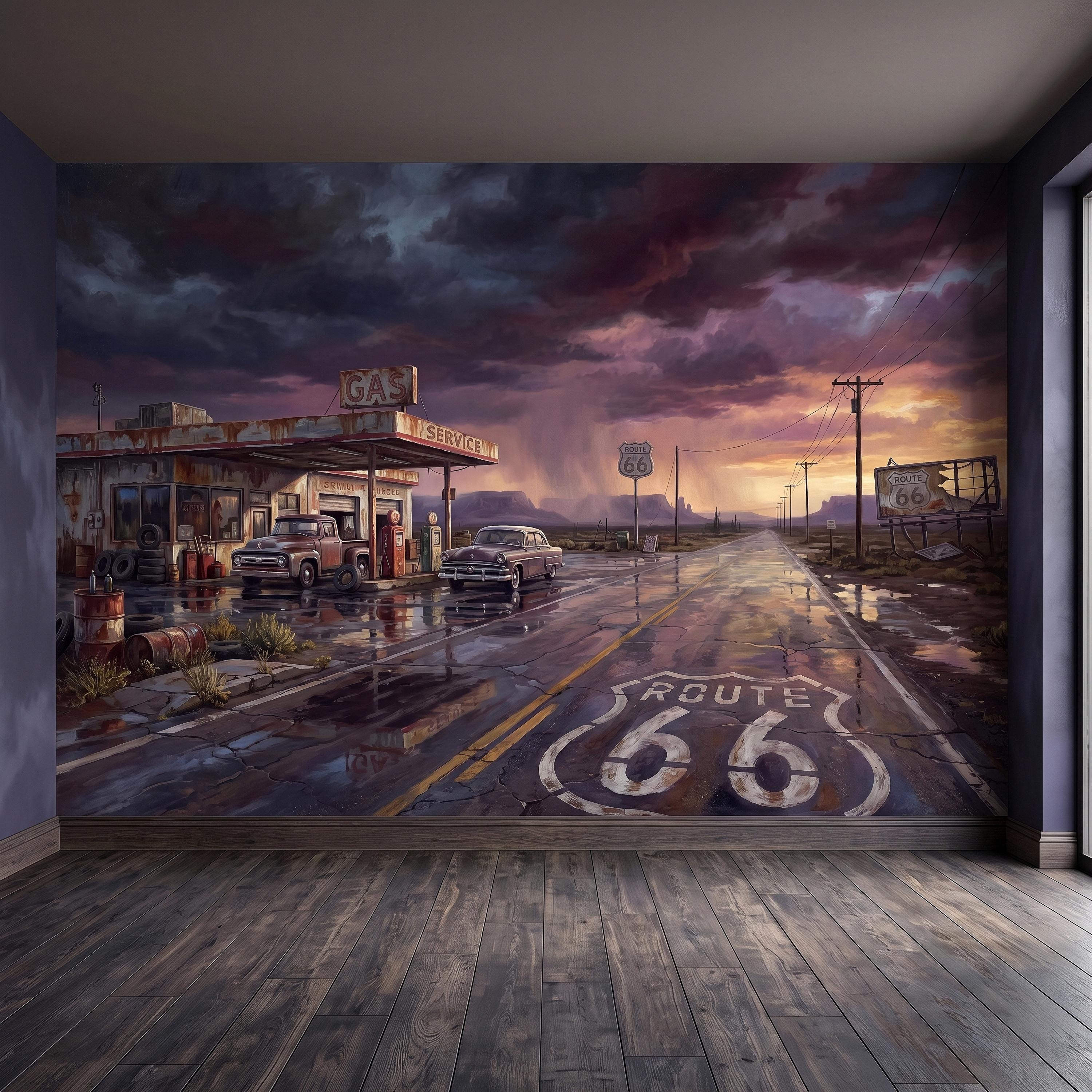 Vintage Route 66 Gas Station Peel and Stick Wall Mural, American Highway Desert Landscape Retro Cars Southwest Rustic Western Wallpaper