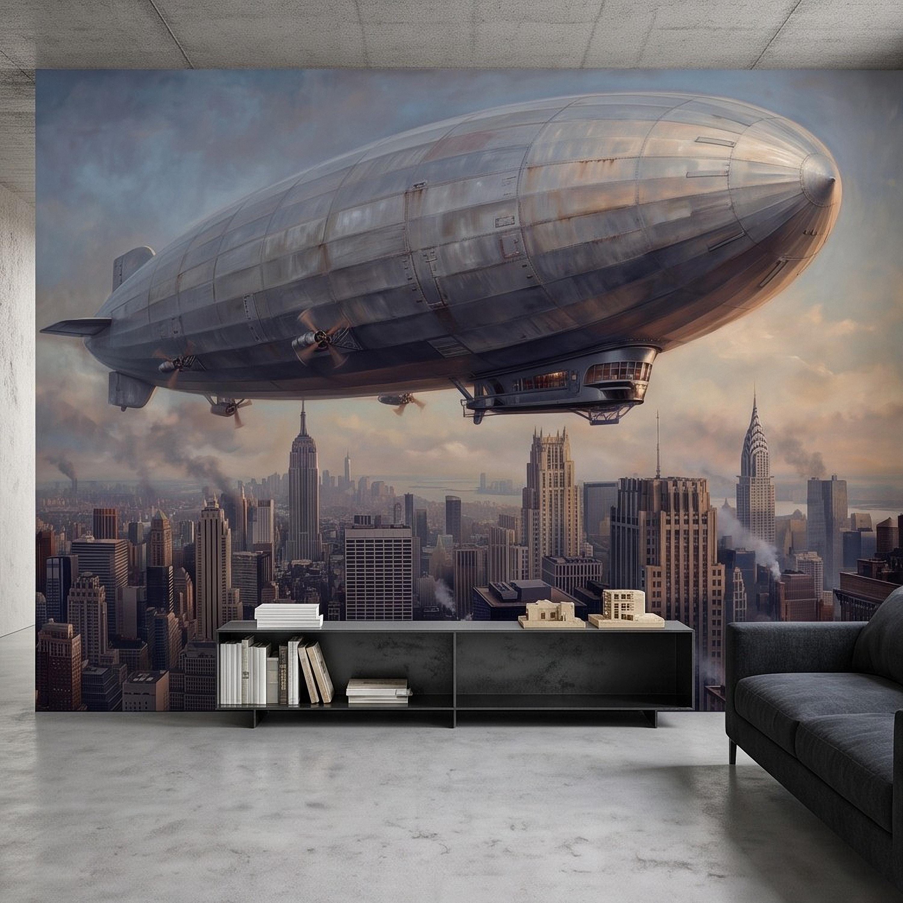 Zeppelin Over Manhattan Peel and Stick Wall Mural, Vintage New York City Skyline Airship Retro Industrial Cityscape New York Wallpaper