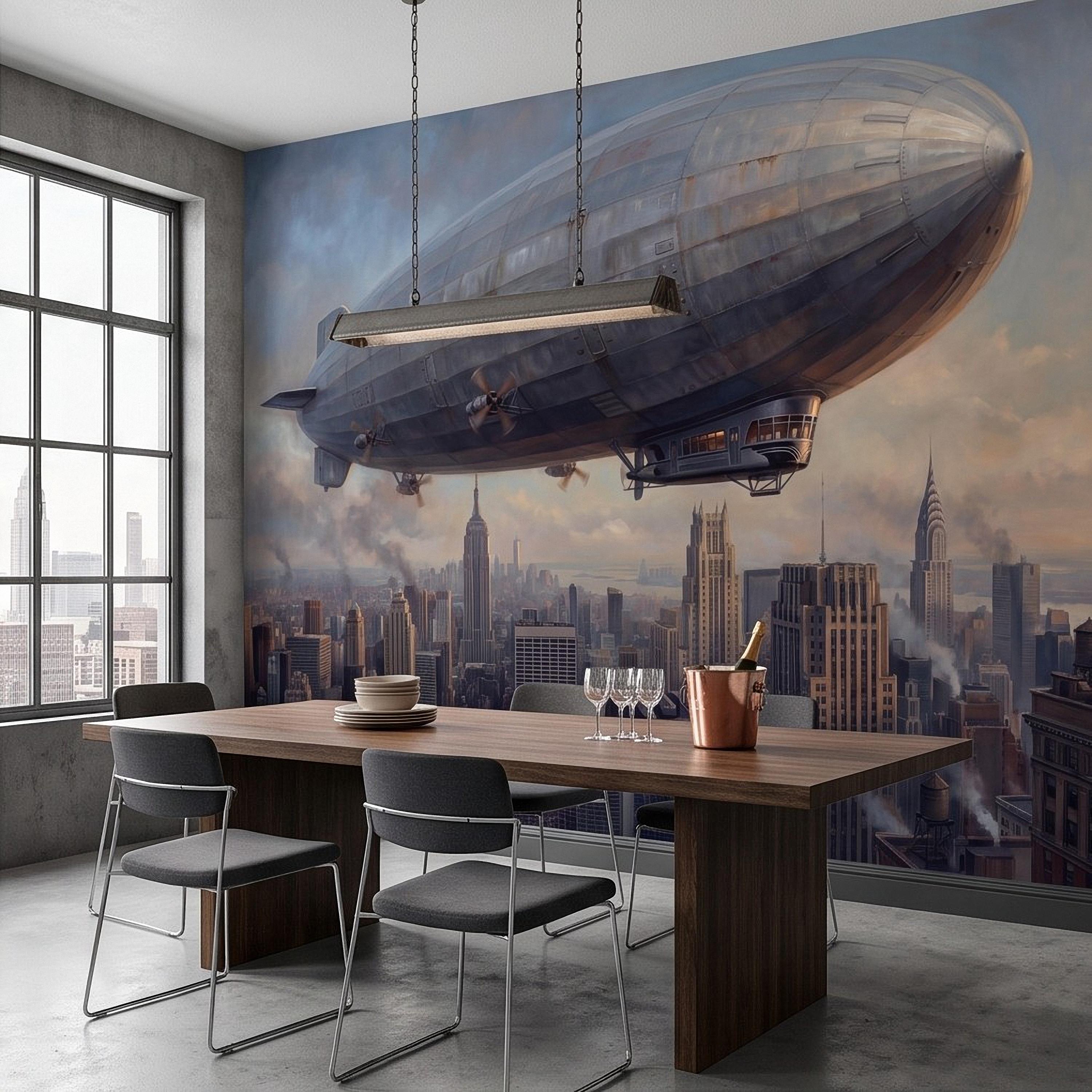 Zeppelin Over Manhattan Peel and Stick Wall Mural, Vintage New York City Skyline Airship Retro Industrial Cityscape New York Wallpaper