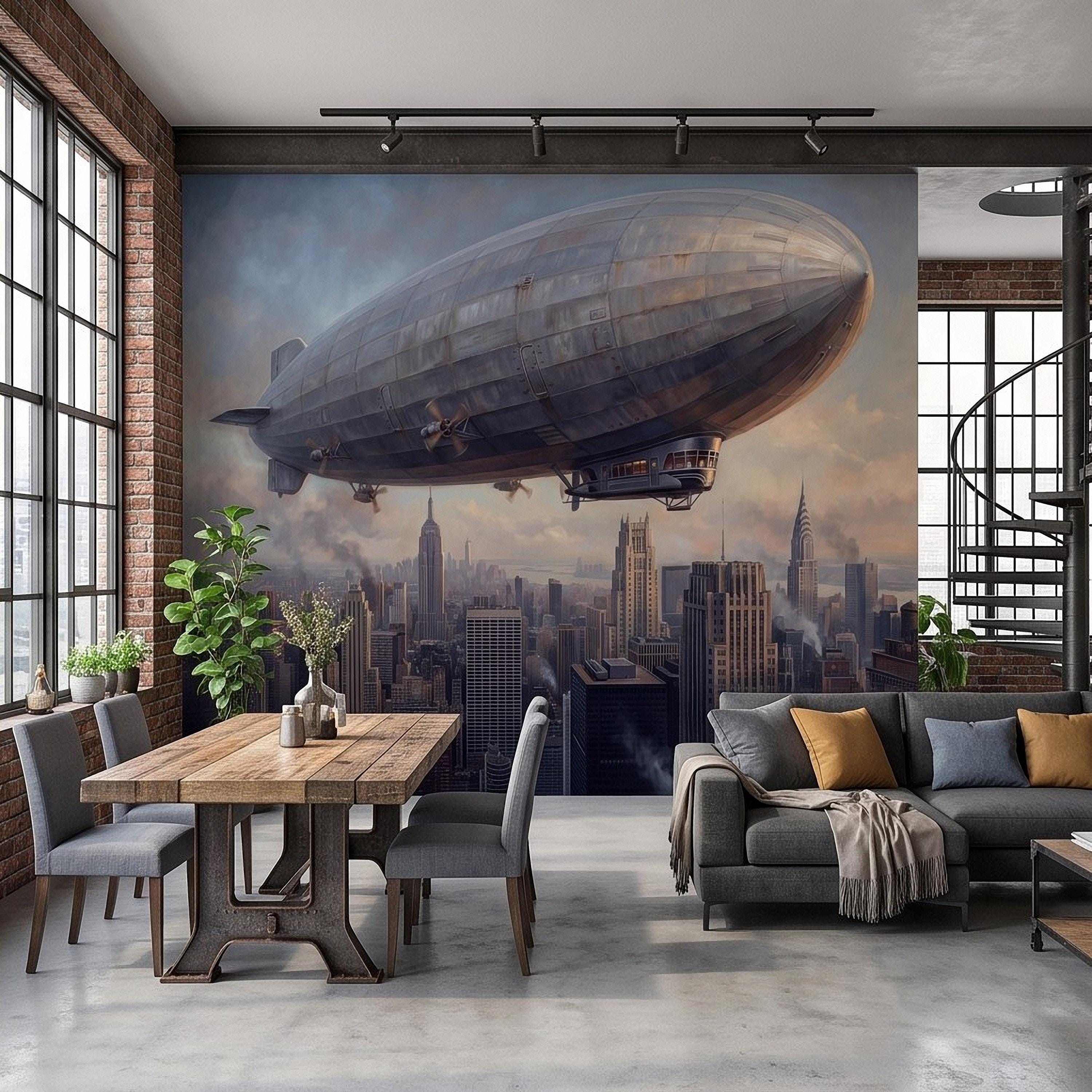 Zeppelin Over Manhattan Peel and Stick Wall Mural, Vintage New York City Skyline Airship Retro Industrial Cityscape New York Wallpaper