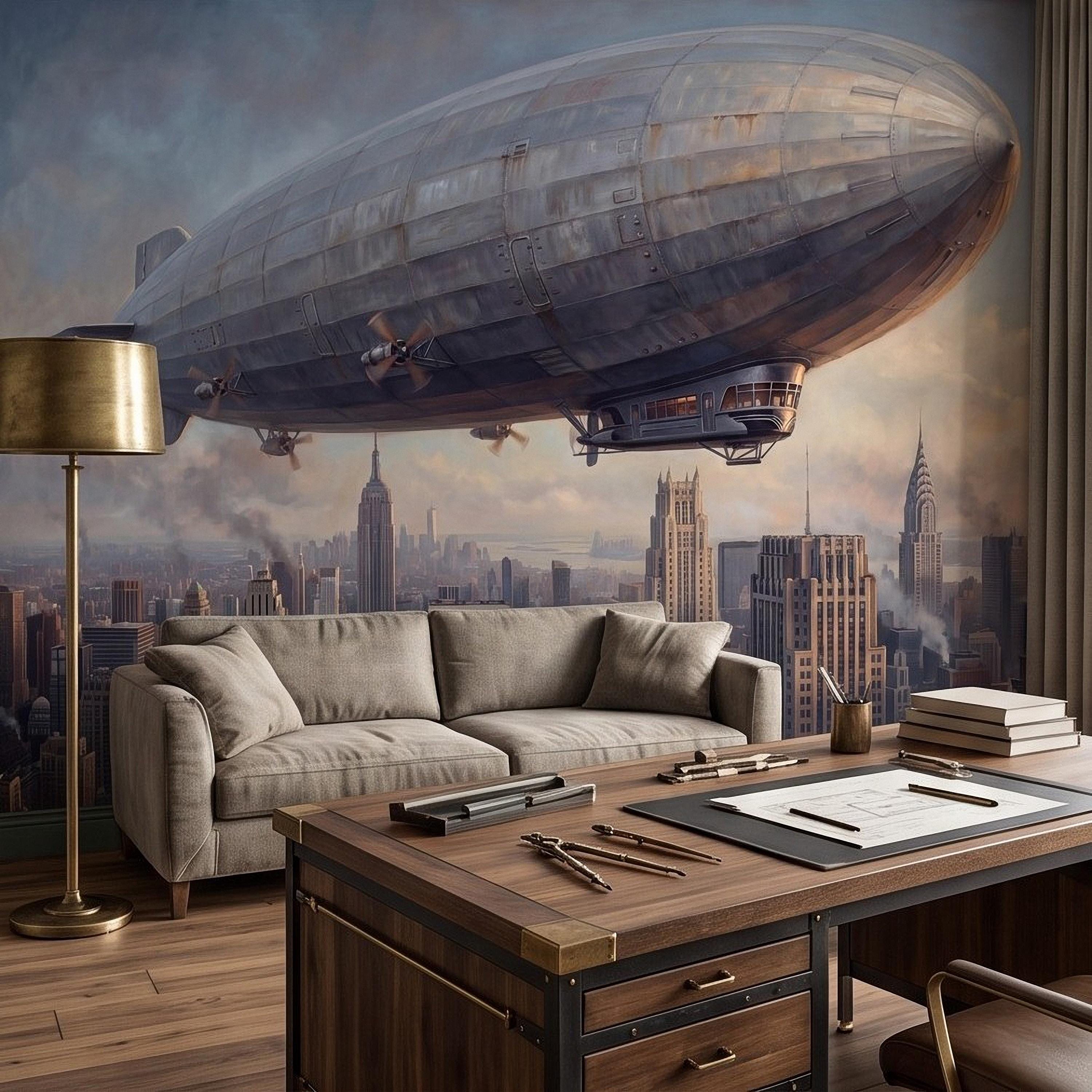 Zeppelin Over Manhattan Peel and Stick Wall Mural, Vintage New York City Skyline Airship Retro Industrial Cityscape New York Wallpaper