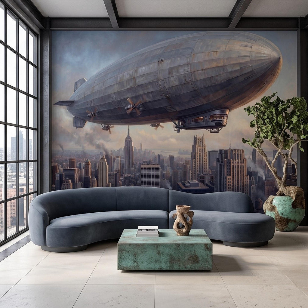 Zeppelin Over Manhattan Peel and Stick Wall Mural, Vintage New York City Skyline Airship Retro Industrial Cityscape New York Wallpaper