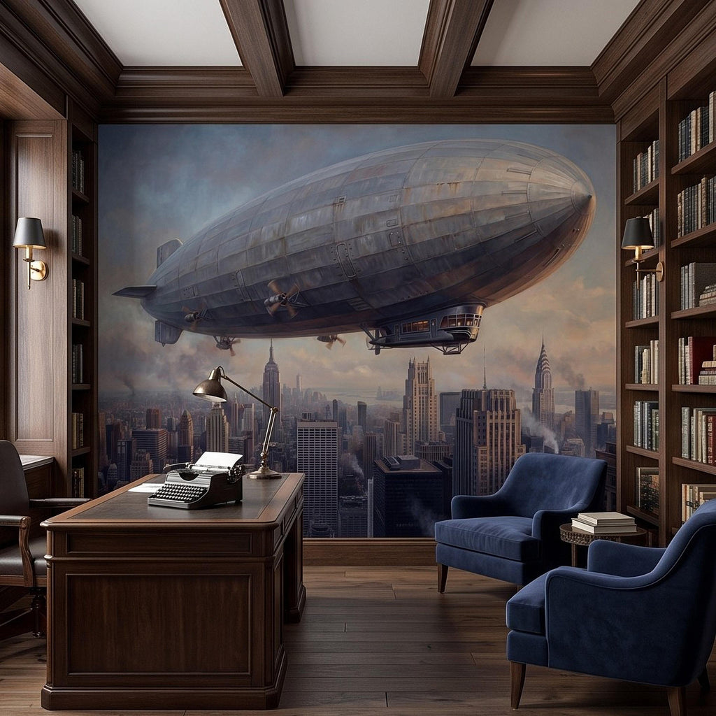 Zeppelin Over Manhattan Peel and Stick Wall Mural, Vintage New York City Skyline Airship Retro Industrial Cityscape New York Wallpaper