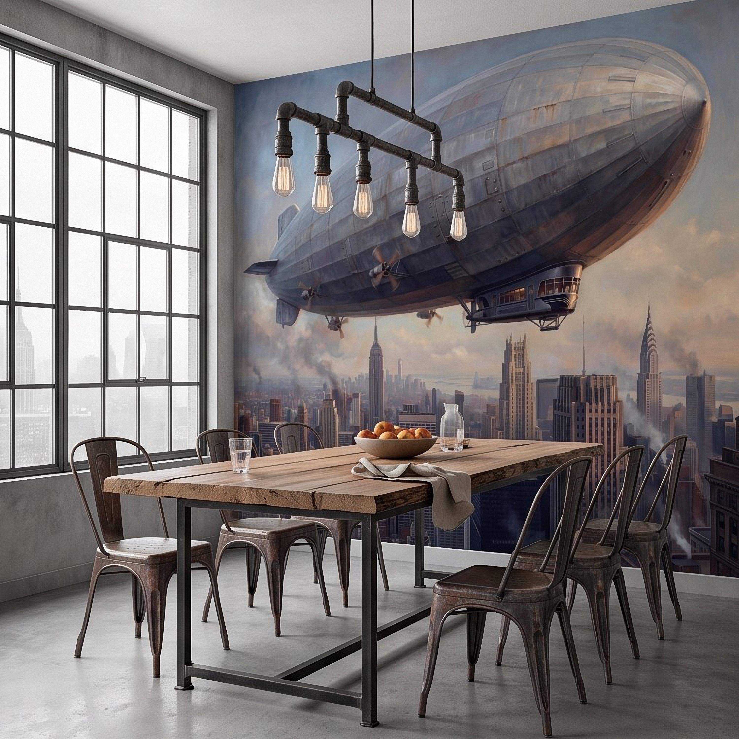 Zeppelin Over Manhattan Peel and Stick Wall Mural, Vintage New York City Skyline Airship Retro Industrial Cityscape New York Wallpaper