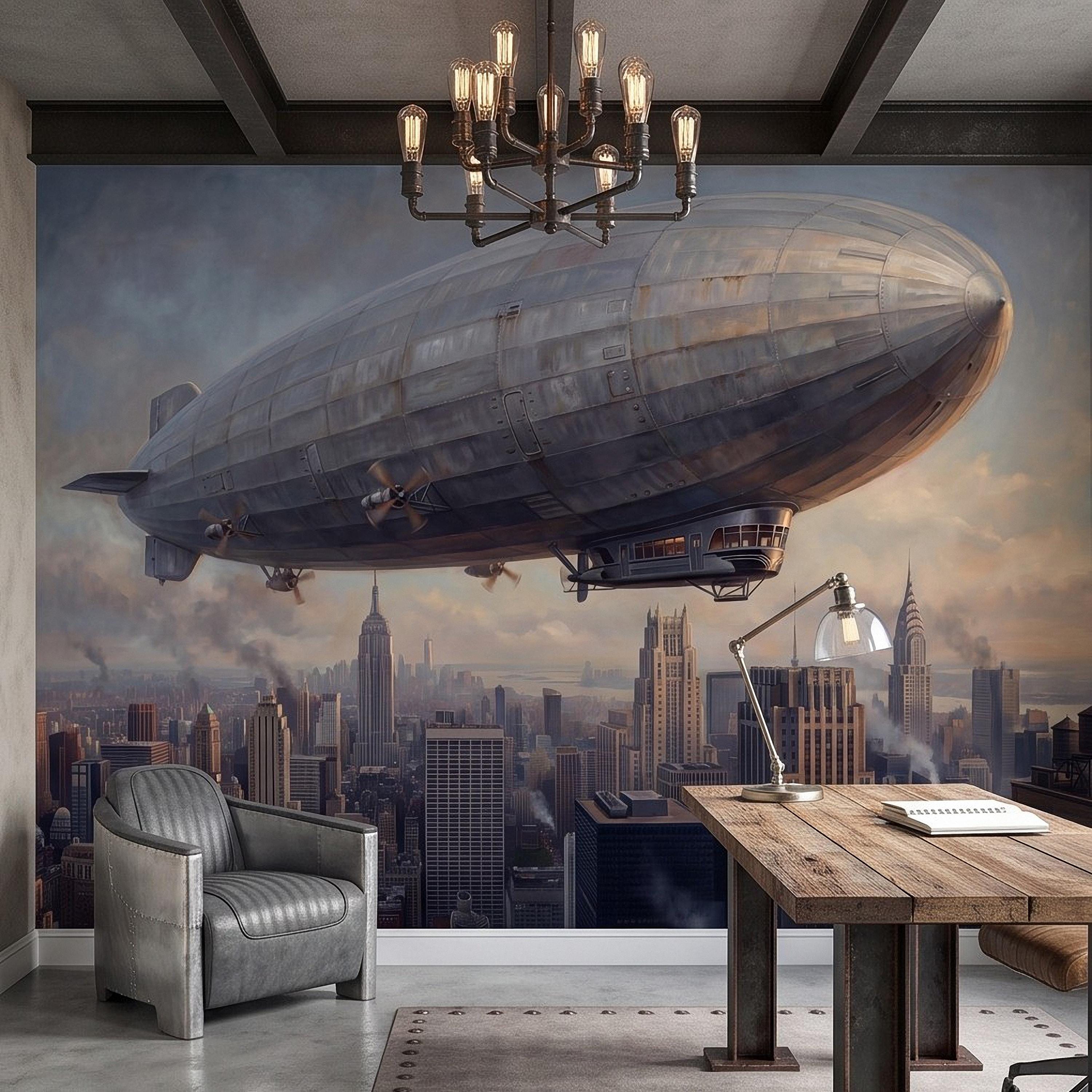 Zeppelin Over Manhattan Peel and Stick Wall Mural, Vintage New York City Skyline Airship Retro Industrial Cityscape New York Wallpaper