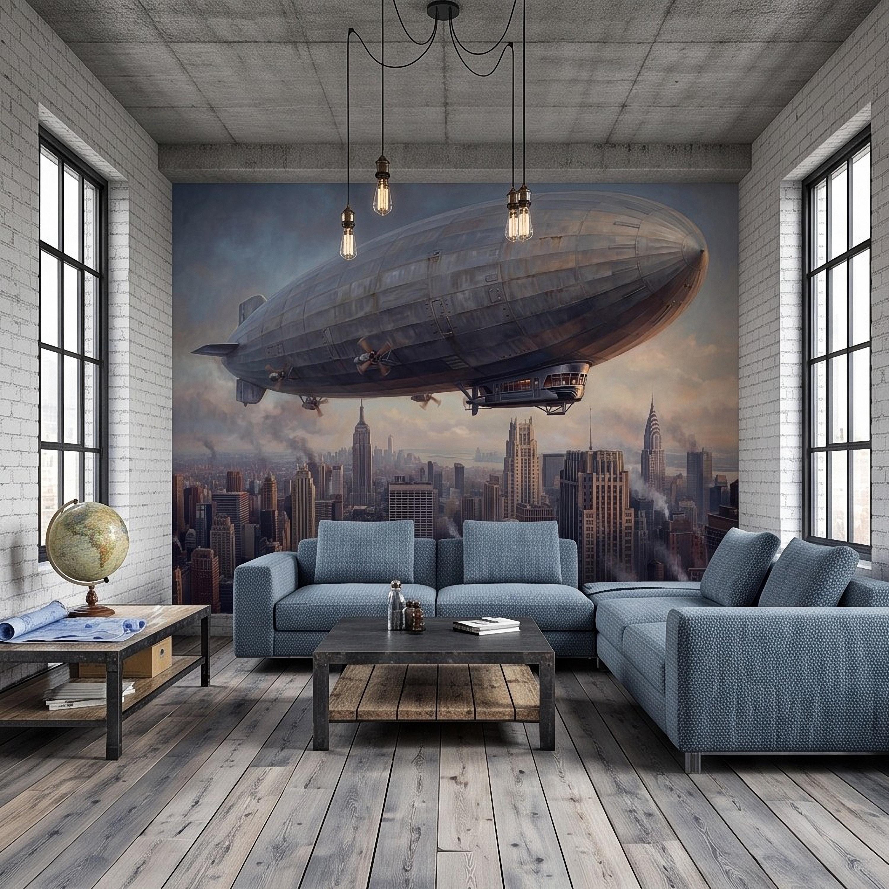 Zeppelin Over Manhattan Peel and Stick Wall Mural, Vintage New York City Skyline Airship Retro Industrial Cityscape New York Wallpaper