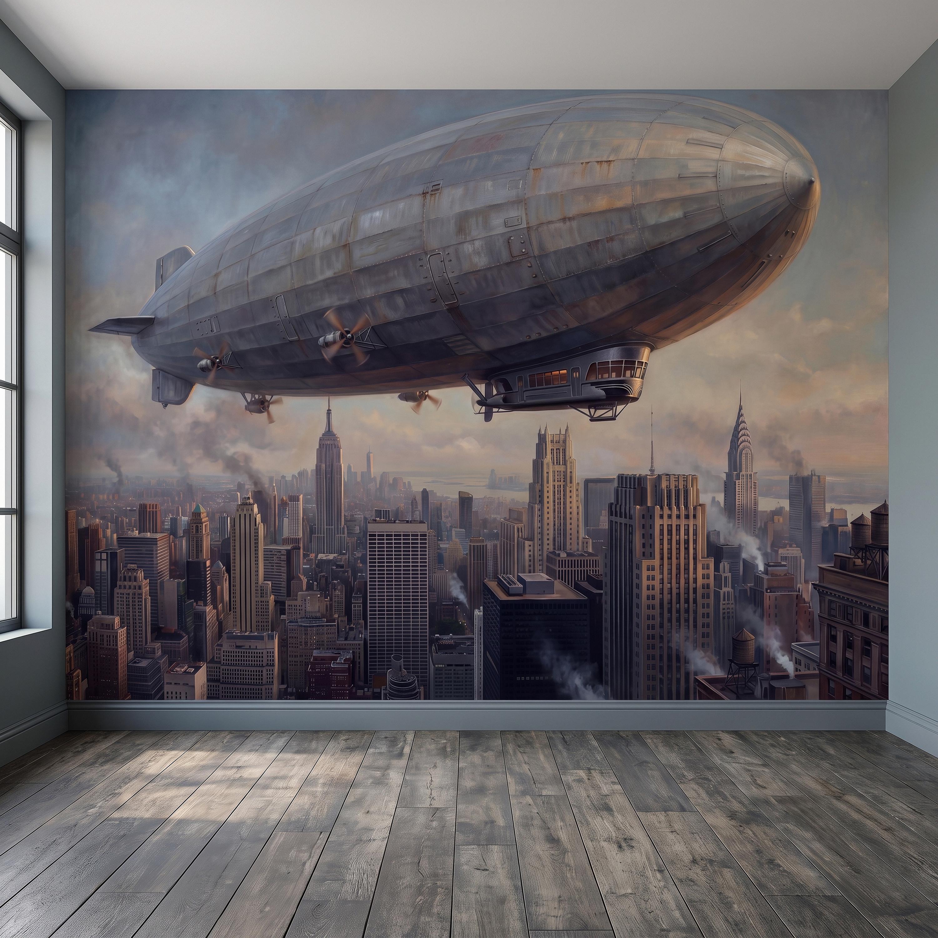 Zeppelin Over Manhattan Peel and Stick Wall Mural, Vintage New York City Skyline Airship Retro Industrial Cityscape New York Wallpaper