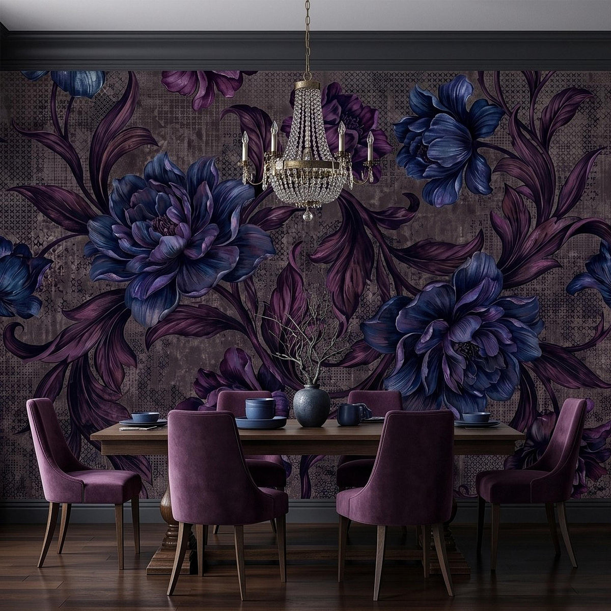Dark Floral Peel and Stick Wall Mural, Moody Botanical Oversized Flowers Vintage Gothic Floral Dark Romantic Dramatic Botanical Wallpaper - The Fine Art Murals