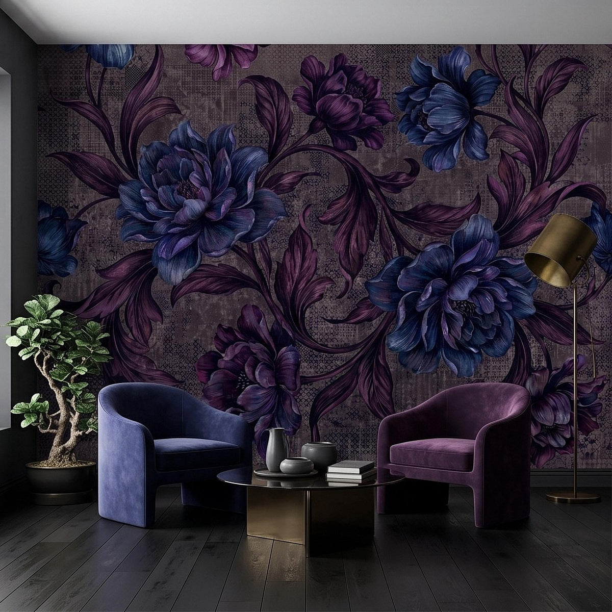 Dark Floral Peel and Stick Wall Mural, Moody Botanical Oversized Flowers Vintage Gothic Floral Dark Romantic Dramatic Botanical Wallpaper - The Fine Art Murals