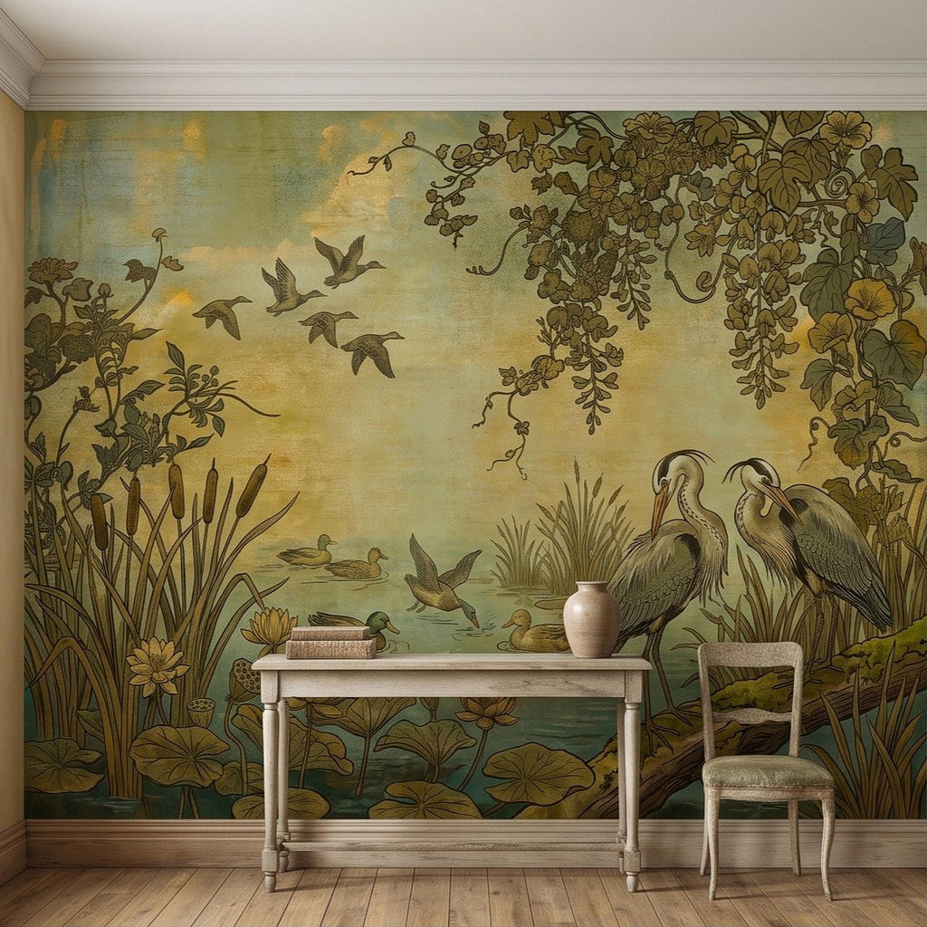 Heron and Waterfowl Peel and Stick Wall Mural, Vintage Botanical Wetland Lotus Flowers Marsh Birds Antique Nature Chinoiserie Wallpaper