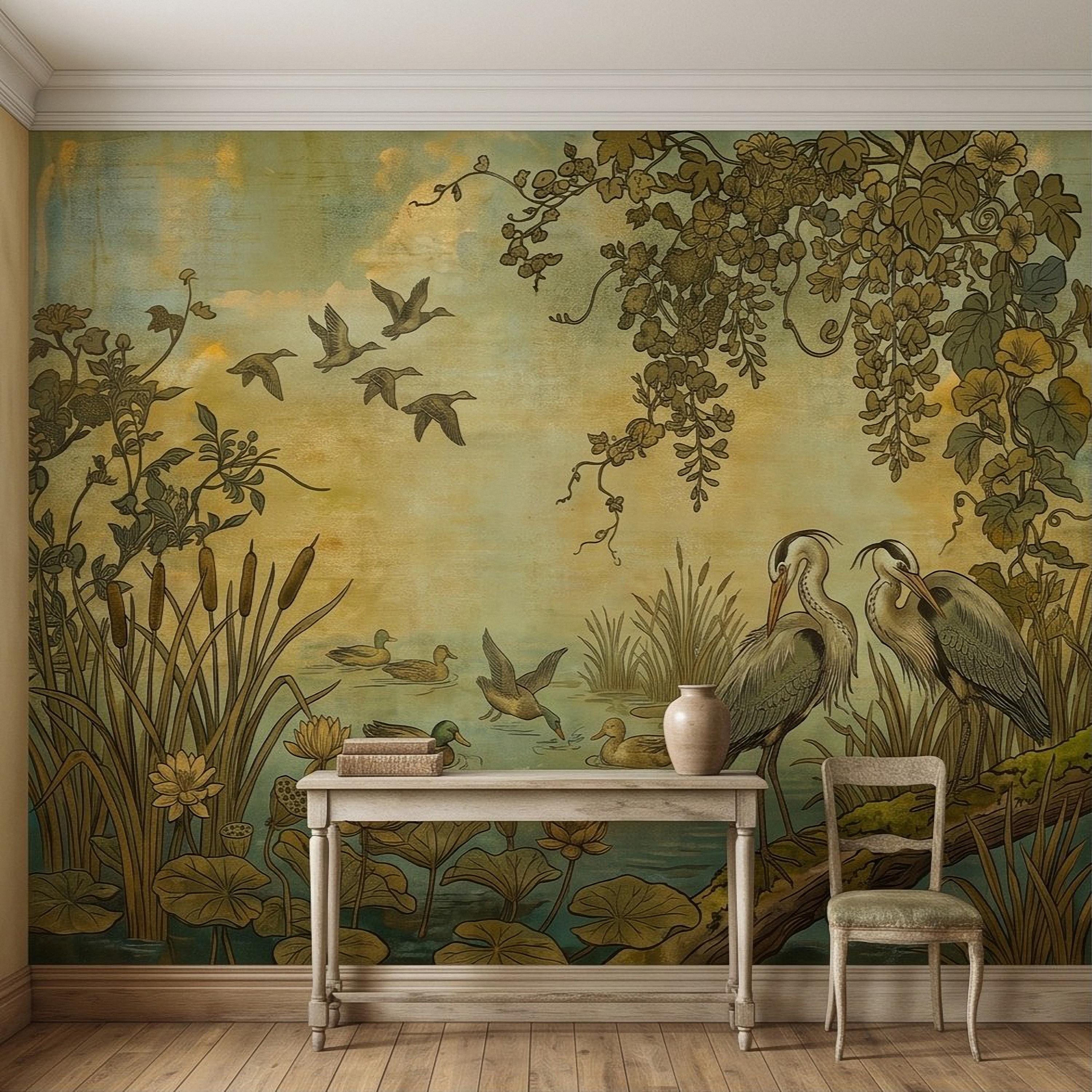 Heron and Waterfowl Peel and Stick Wall Mural, Vintage Botanical Wetland Lotus Flowers Marsh Birds Antique Nature Chinoiserie Wallpaper