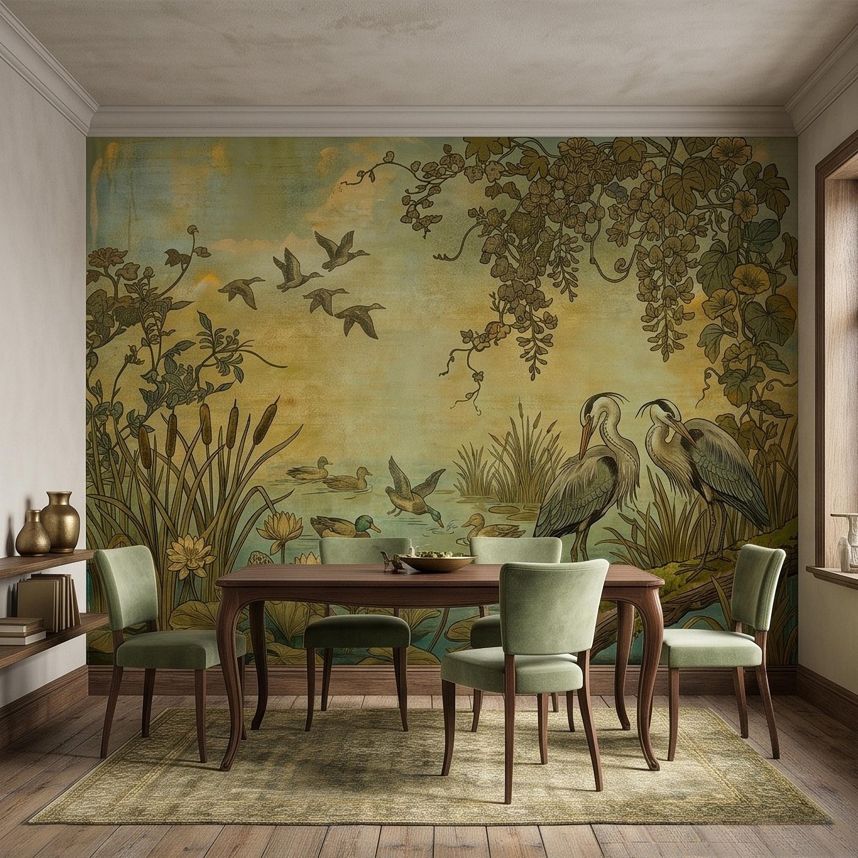 Heron and Waterfowl Peel and Stick Wall Mural, Vintage Botanical Wetland Lotus Flowers Marsh Birds Antique Nature Chinoiserie Wallpaper
