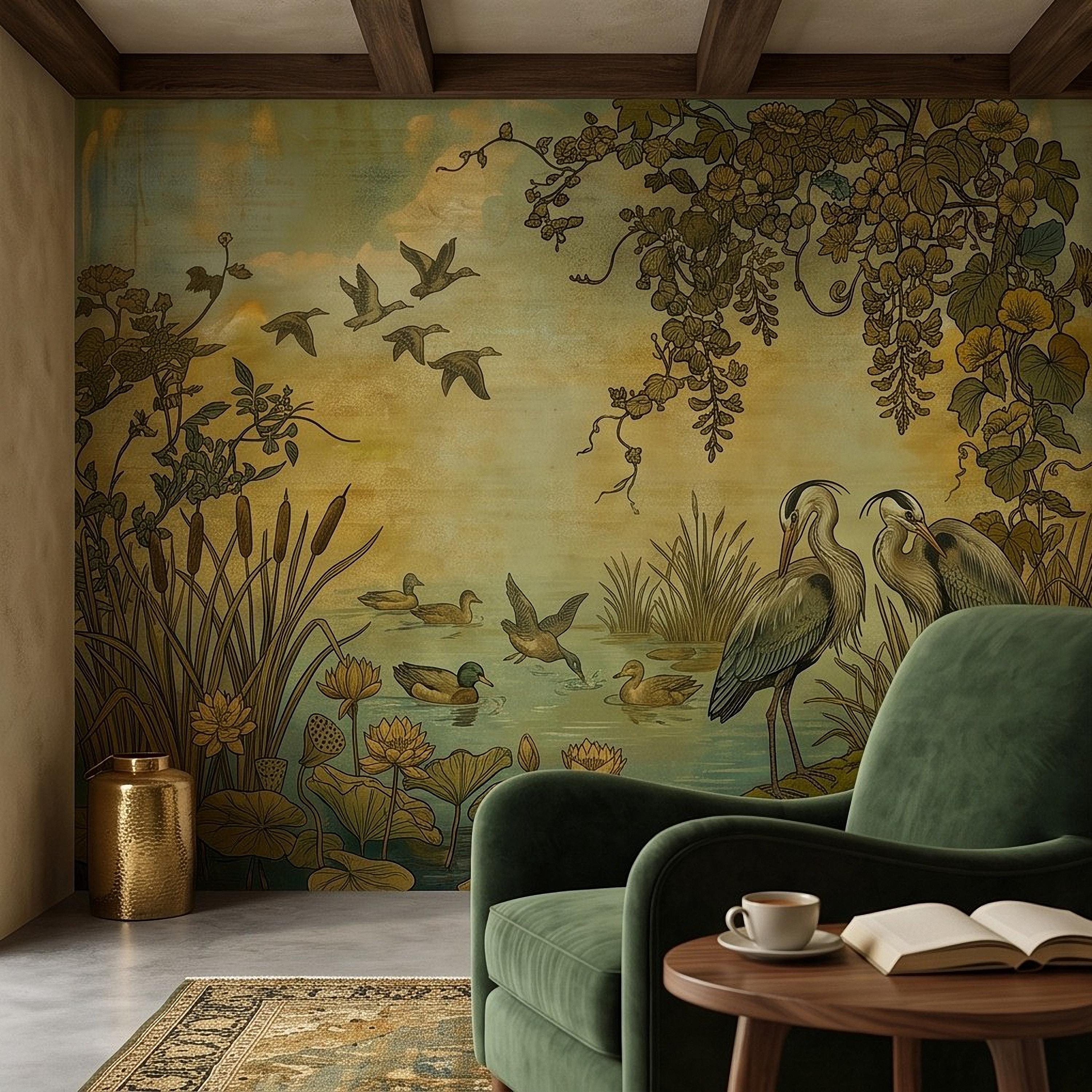 Heron and Waterfowl Peel and Stick Wall Mural, Vintage Botanical Wetland Lotus Flowers Marsh Birds Antique Nature Chinoiserie Wallpaper