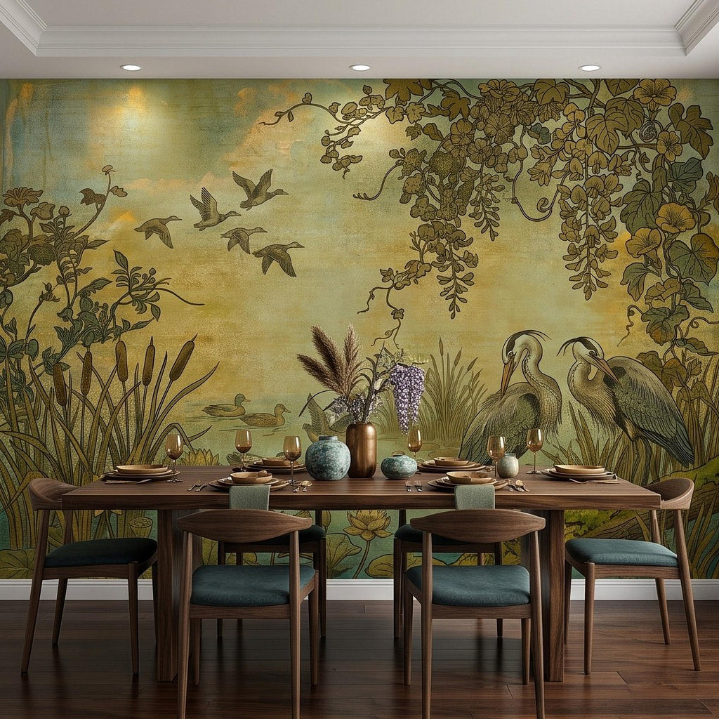 Heron and Waterfowl Peel and Stick Wall Mural, Vintage Botanical Wetland Lotus Flowers Marsh Birds Antique Nature Chinoiserie Wallpaper